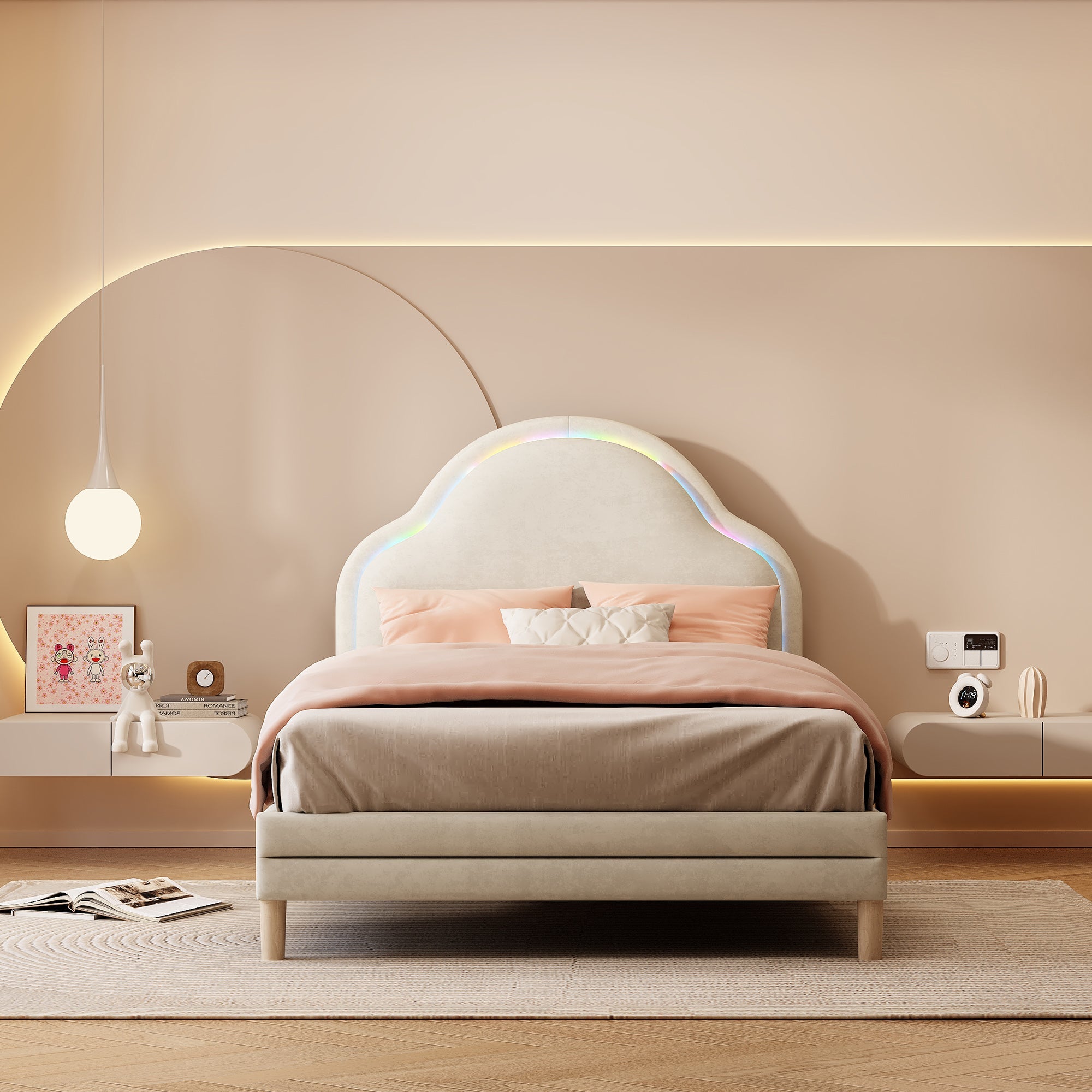 Logidon gestoffeerd bed met wolkenhoofdbord LED-verlichting 90x200 cm beige