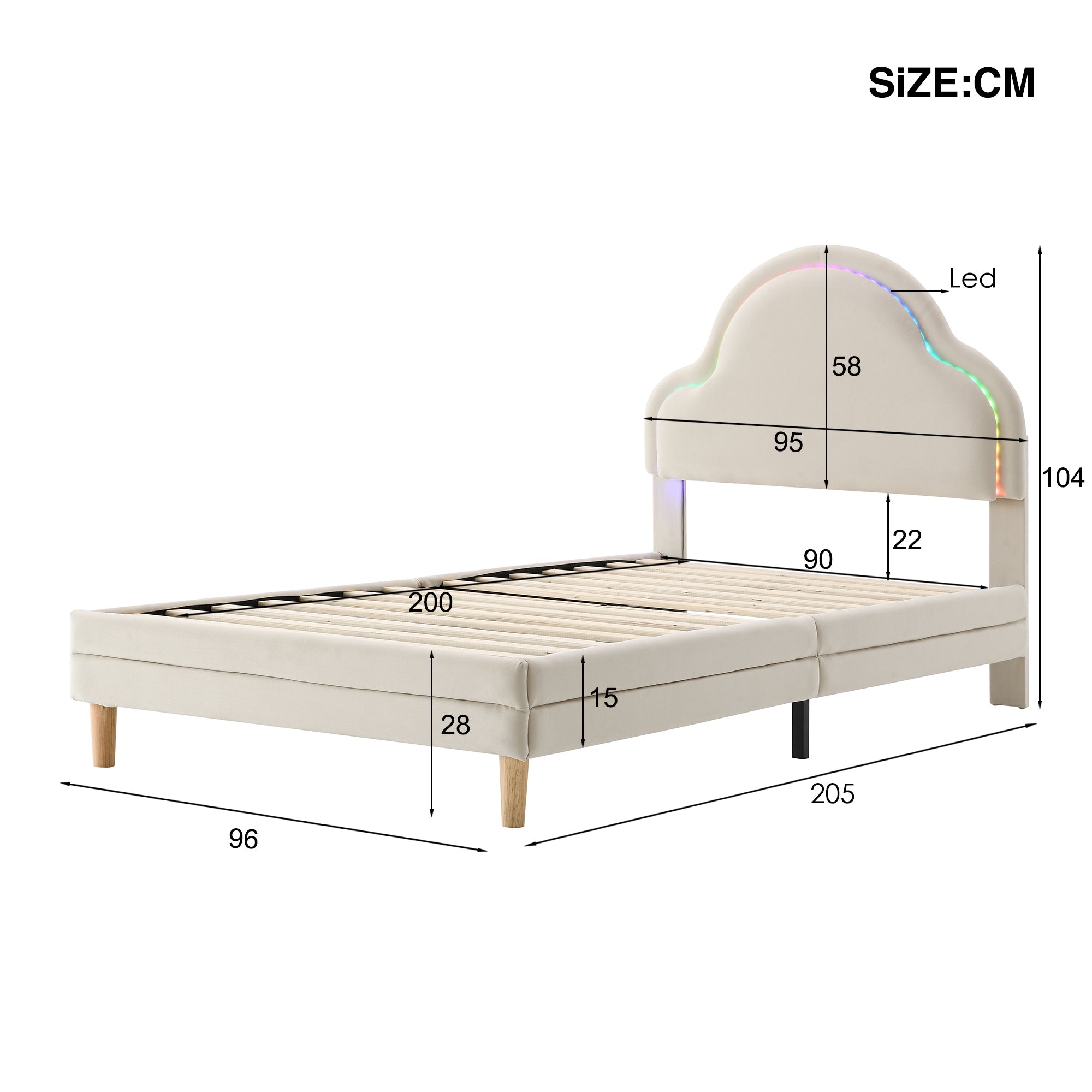 Logidon gestoffeerd bed met wolkenhoofdbord LED-verlichting 90x200 cm beige