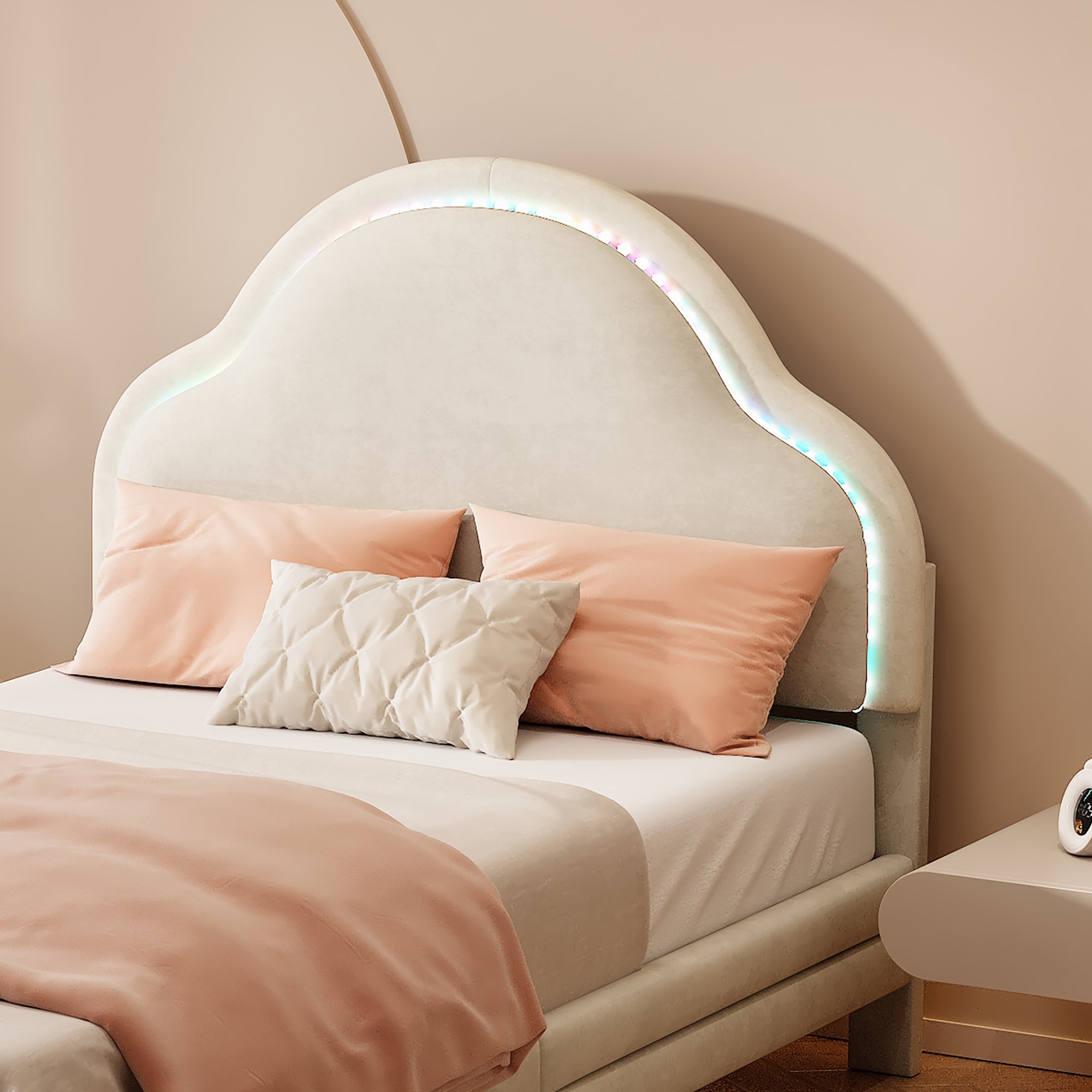 Logidon gestoffeerd bed met wolkenhoofdbord LED-verlichting 90x200 cm beige