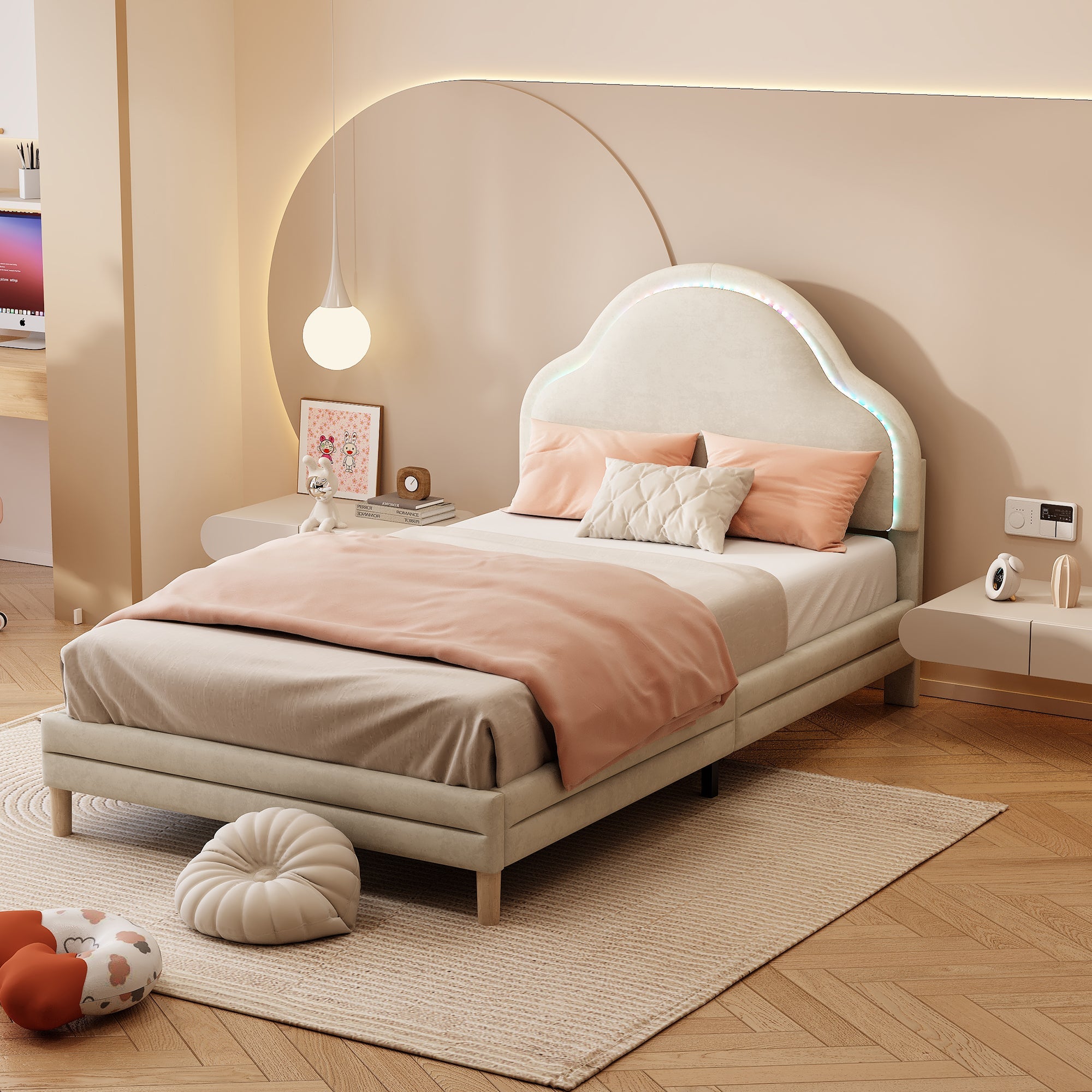 Logidon gestoffeerd bed met wolkenhoofdbord LED-verlichting 90x200 cm beige