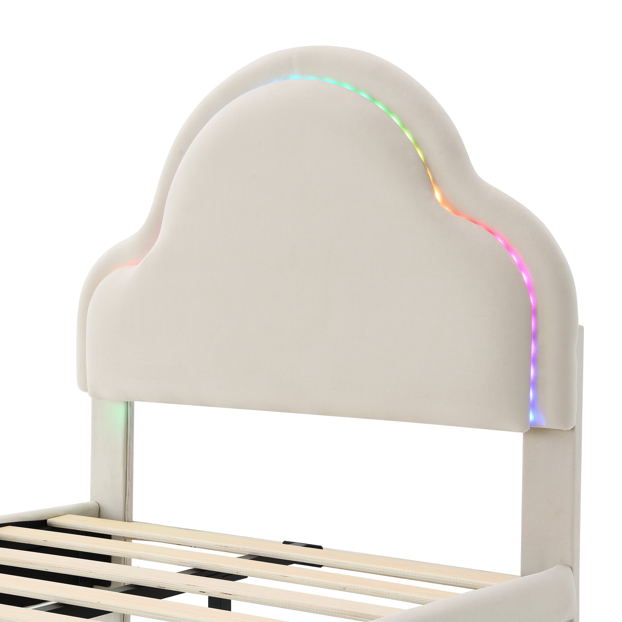 Logidon gestoffeerd bed met wolkenhoofdbord LED-verlichting 90x200 cm beige