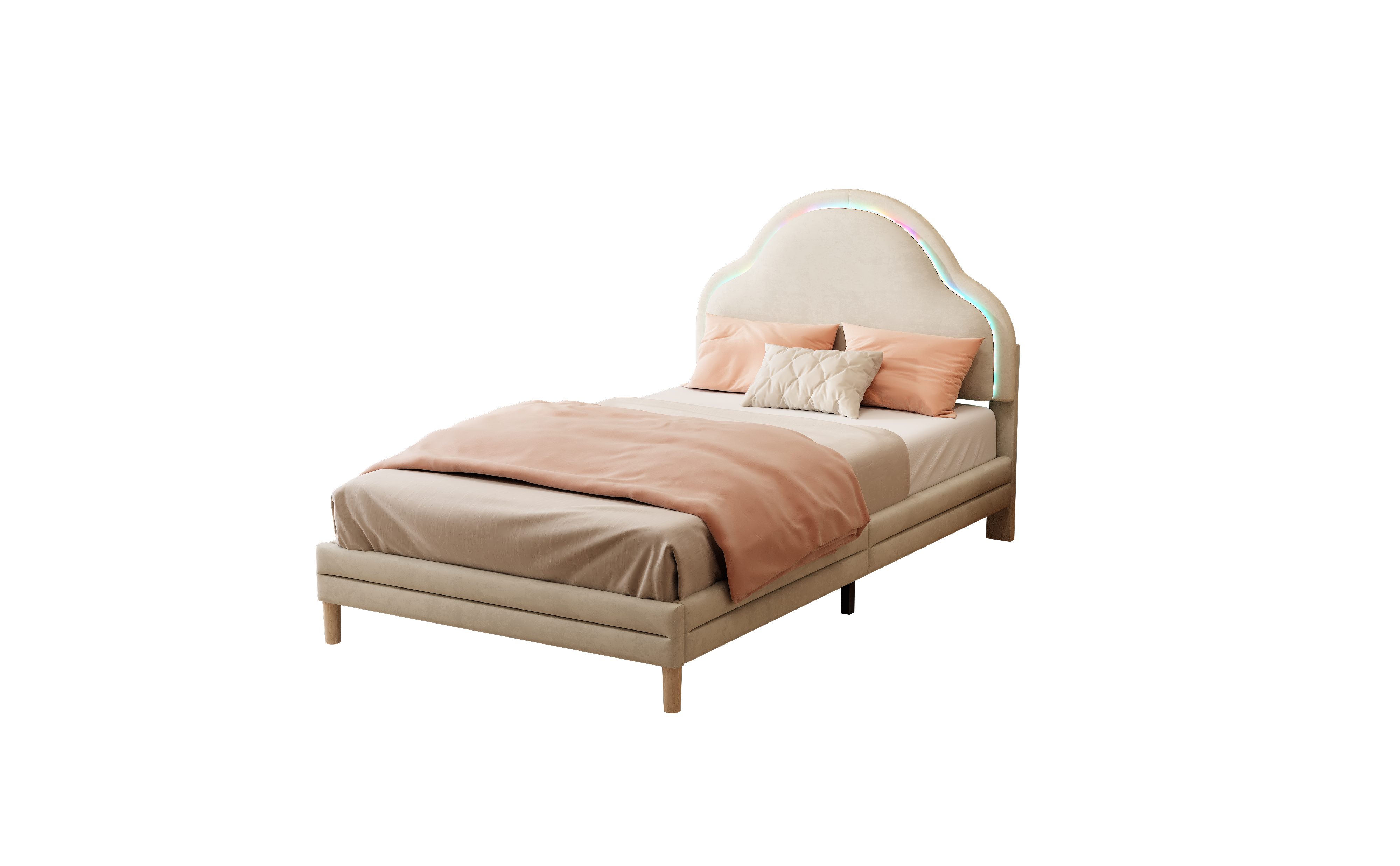 Logidon gestoffeerd bed met wolkenhoofdbord LED-verlichting 90x200 cm beige