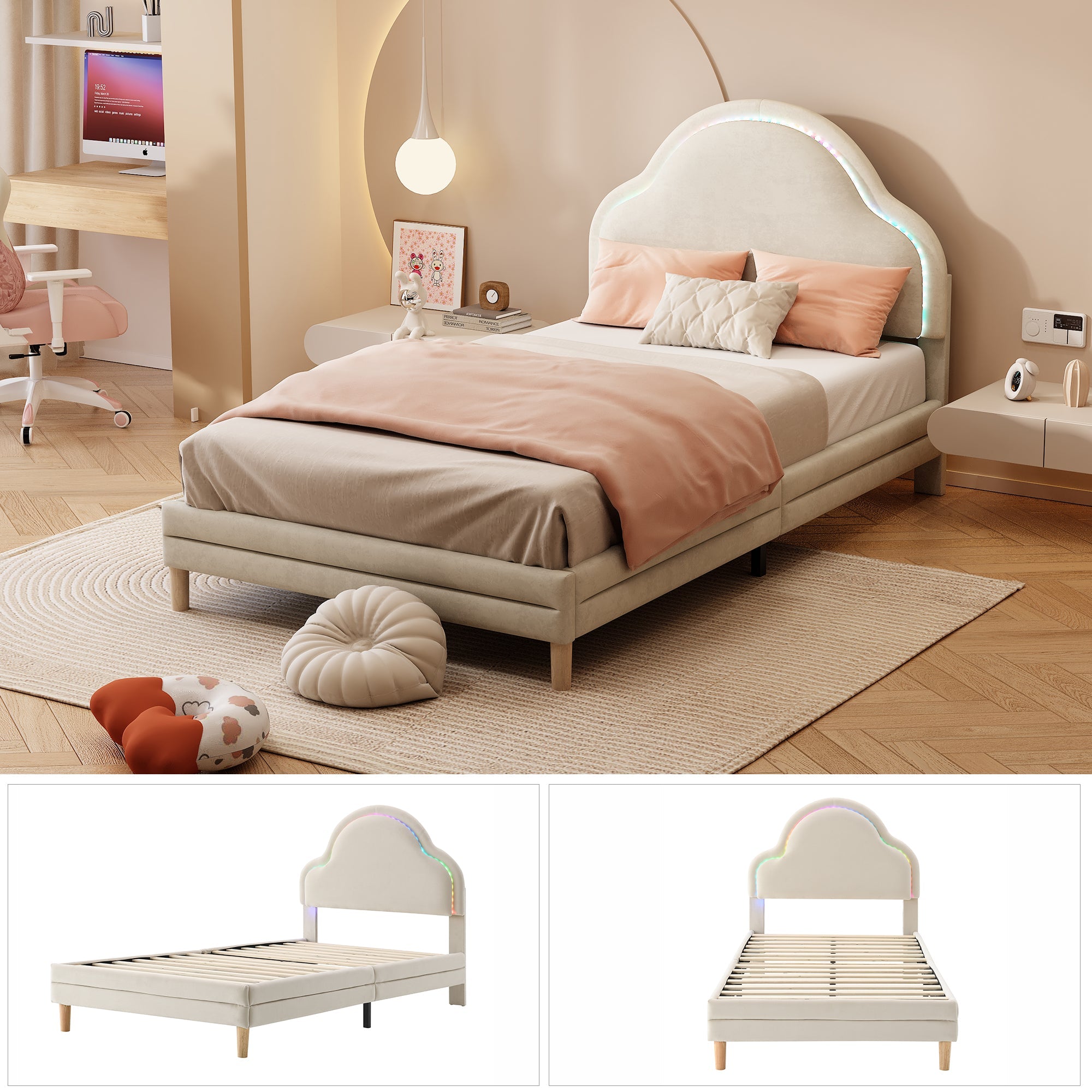 Logidon gestoffeerd bed met wolkenhoofdbord LED-verlichting 90x200 cm beige