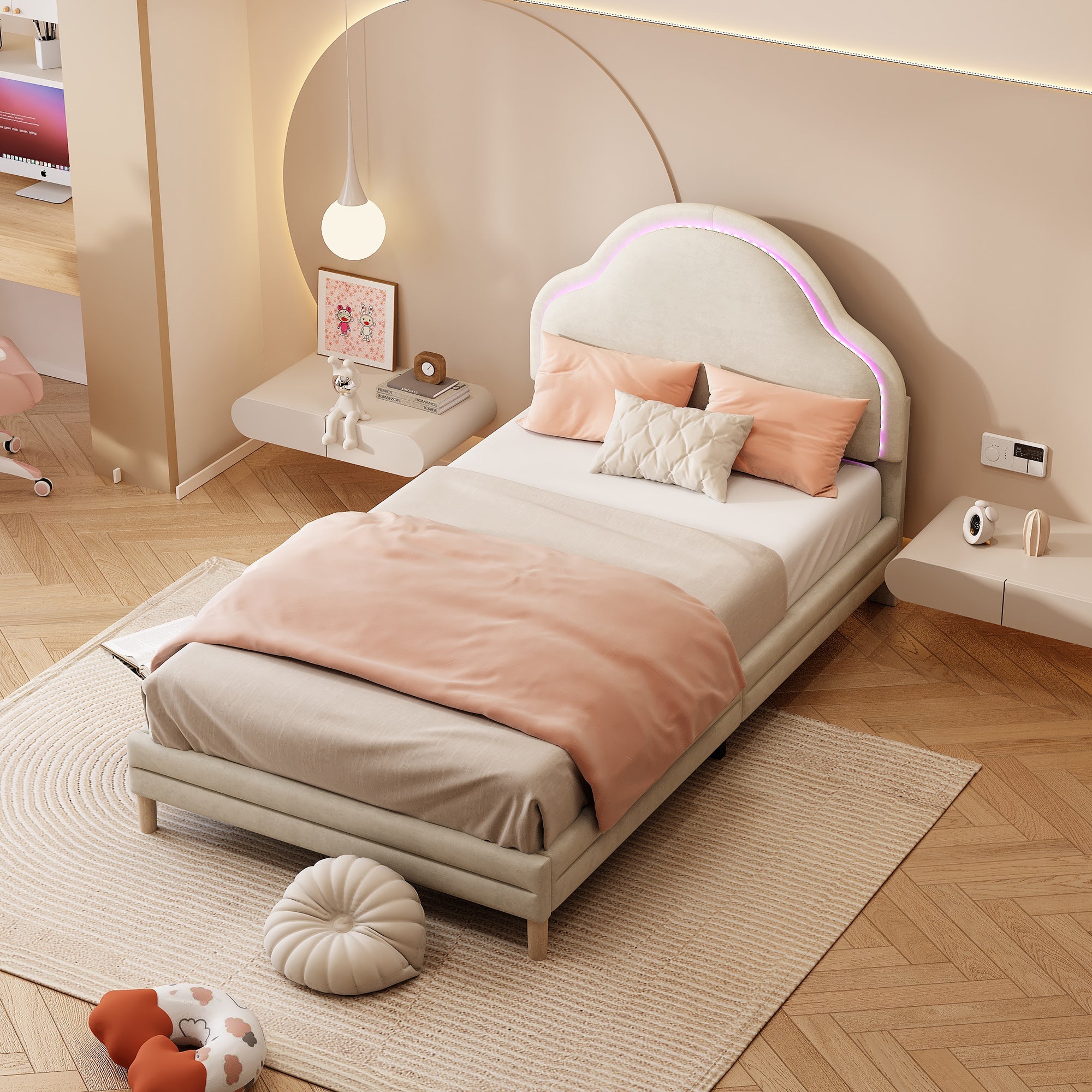 Logidon gestoffeerd bed met wolkenhoofdbord LED-verlichting 90x200 cm beige