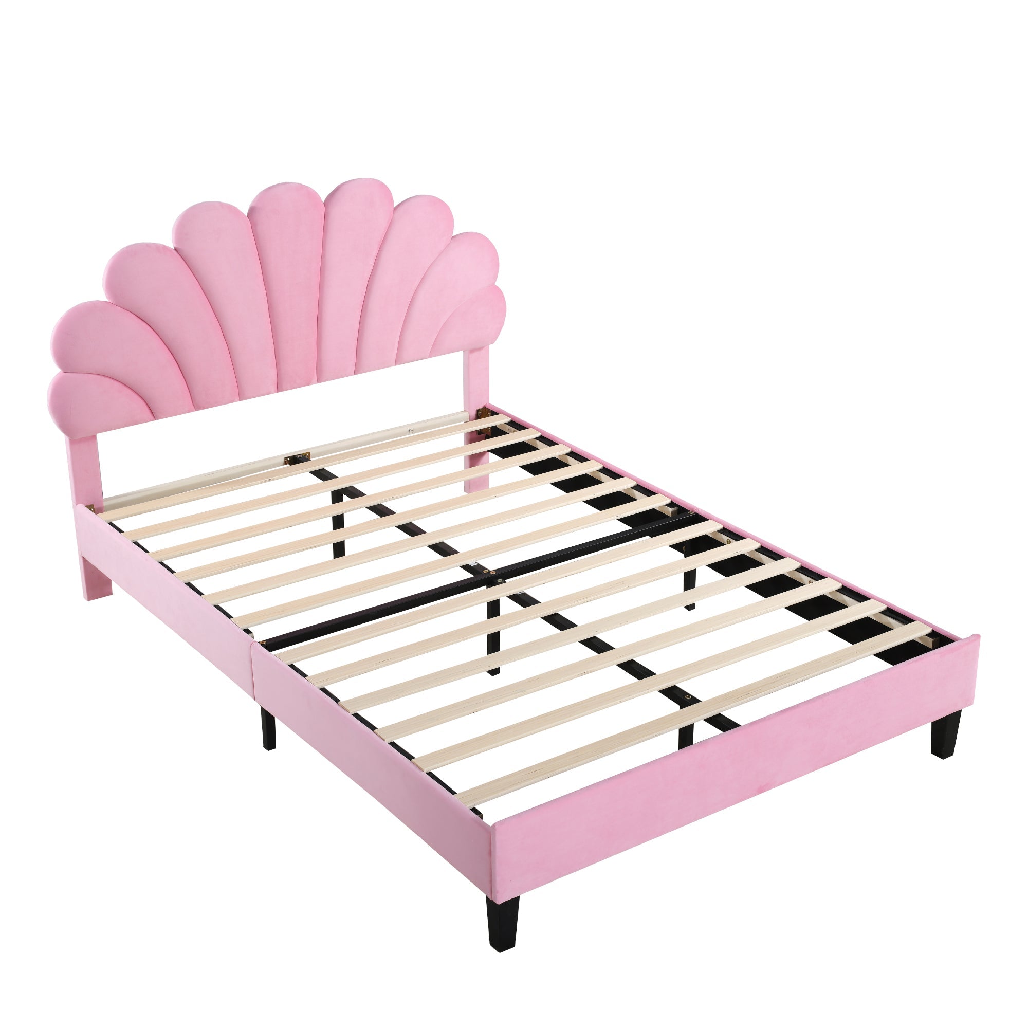 Logidon gestoffeerd bed 140x200 roze fluweel met bloemvormig hoofdeinde