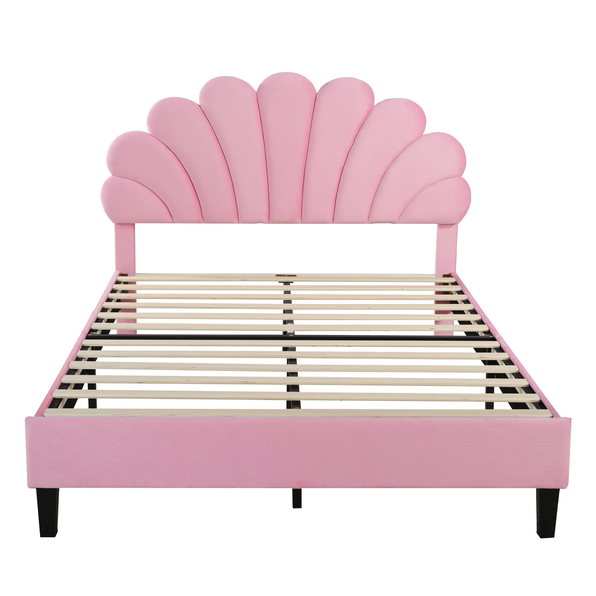 Logidon gestoffeerd bed 140x200 roze fluweel met bloemvormig hoofdeinde