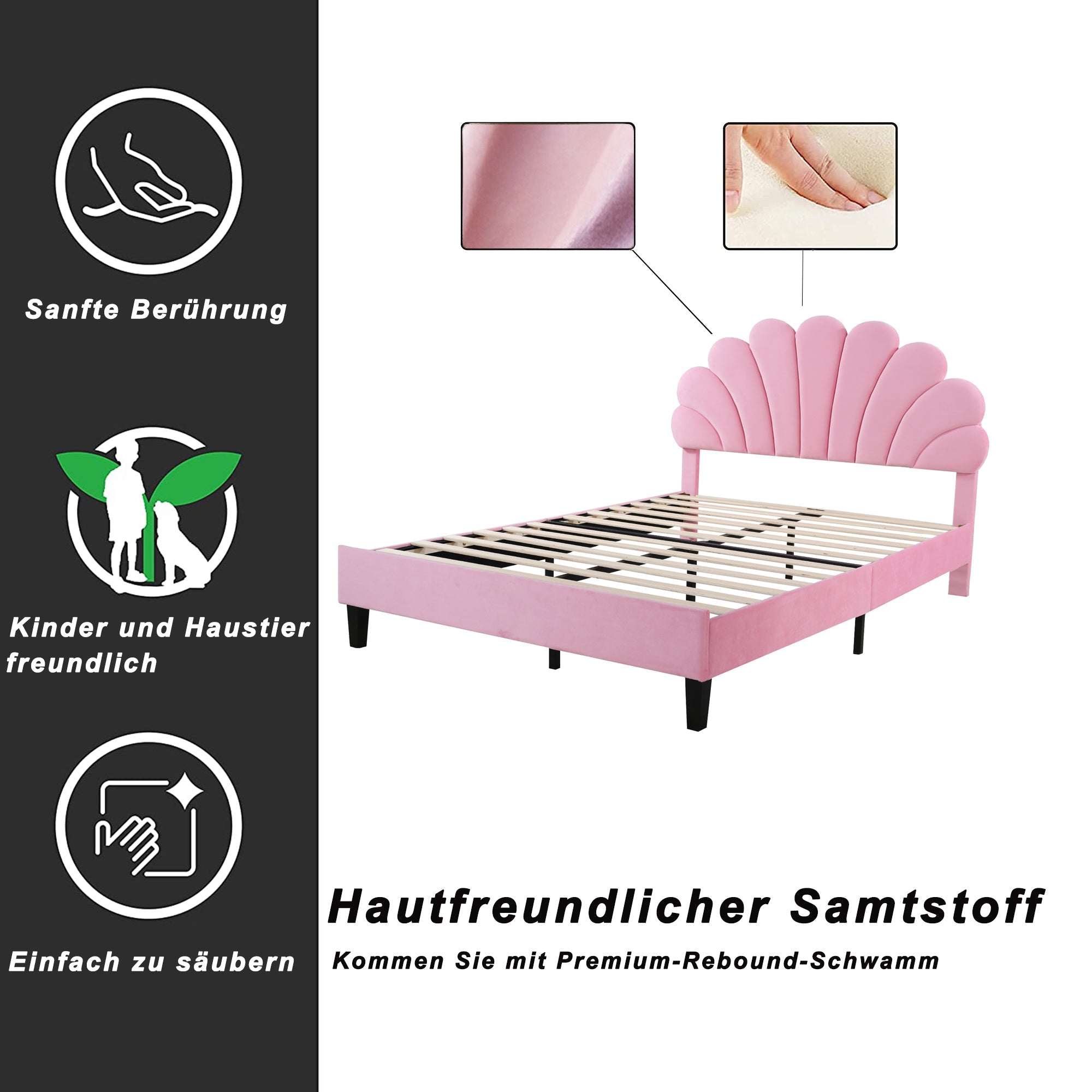 Logidon gestoffeerd bed 140x200 roze fluweel met bloemvormig hoofdeinde