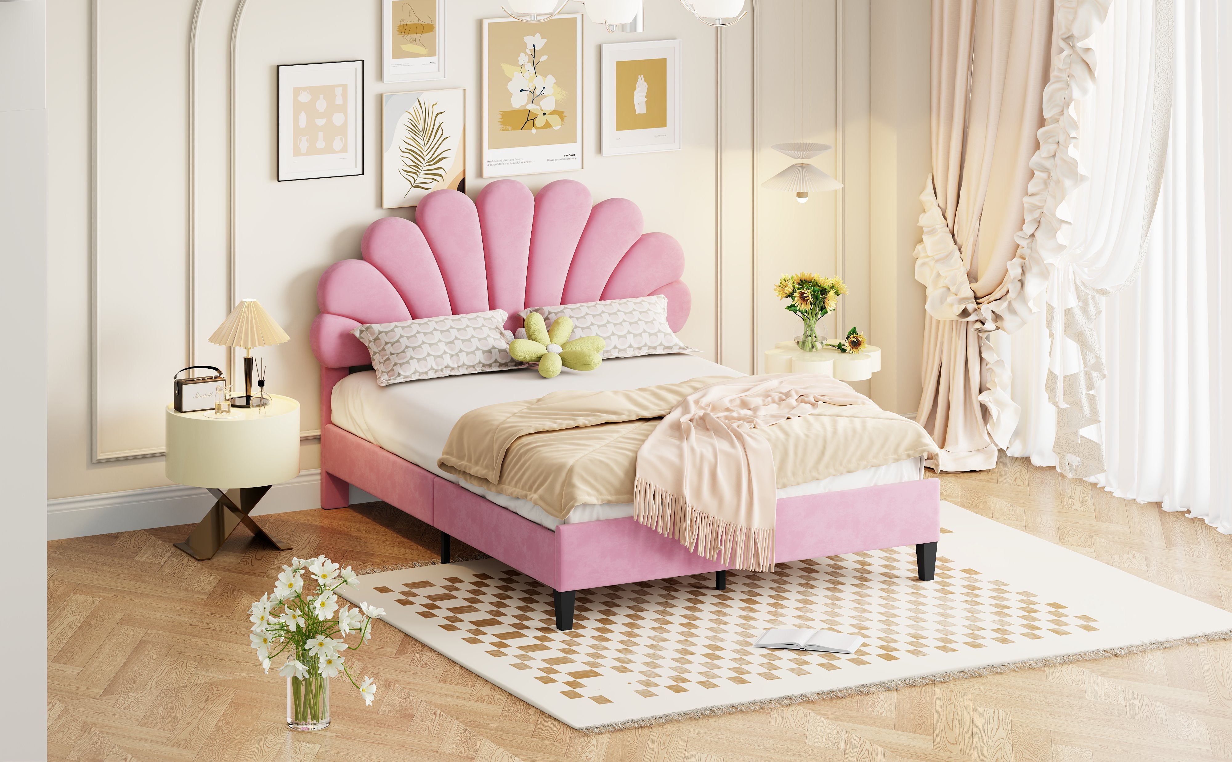 Logidon gestoffeerd bed 140x200 roze fluweel met bloemvormig hoofdeinde