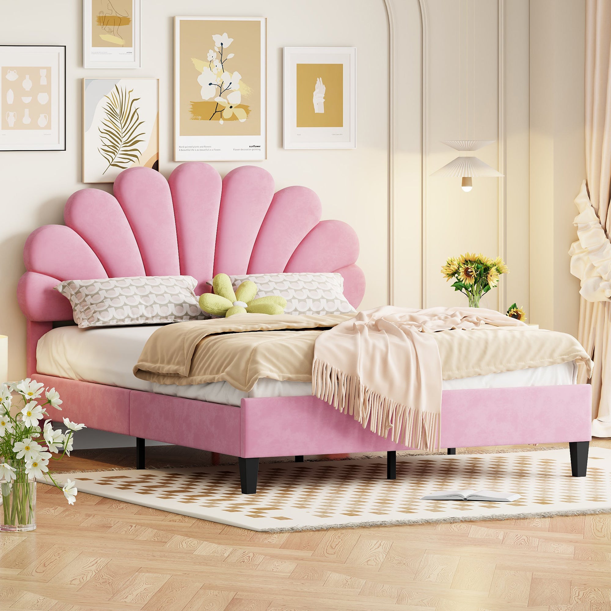 Logidon gestoffeerd bed 140x200 roze fluweel met bloemvormig hoofdeinde