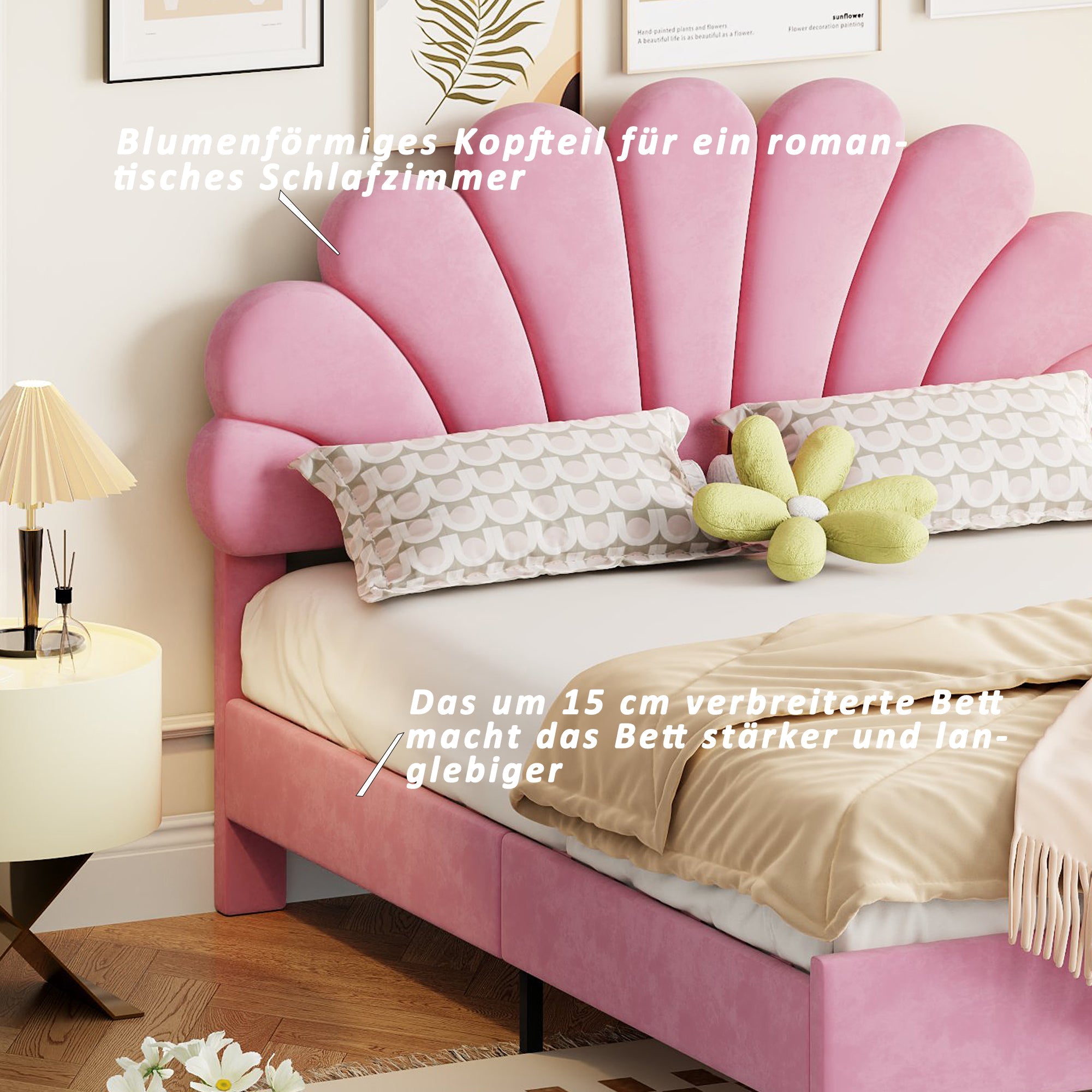 Logidon gestoffeerd bed 140x200 roze fluweel met bloemvormig hoofdeinde