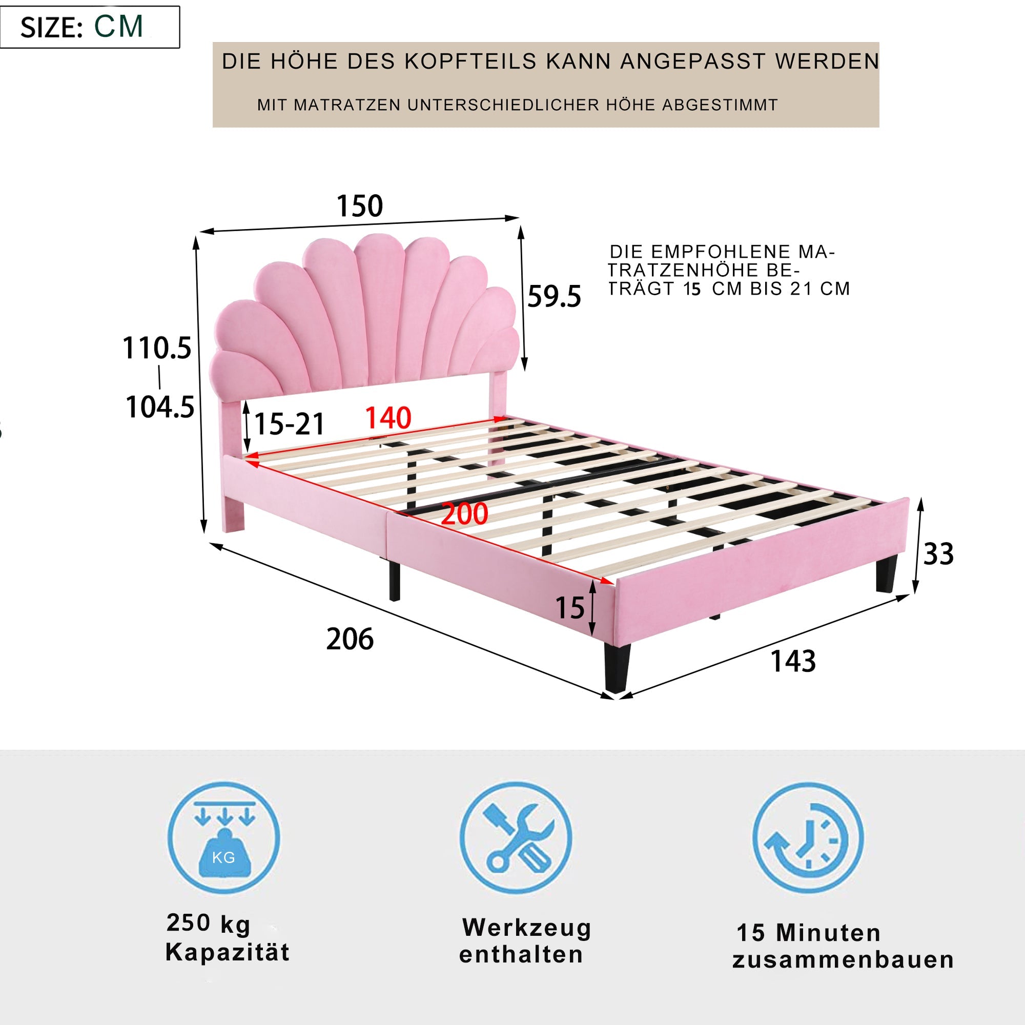 Logidon gestoffeerd bed 140x200 roze fluweel met bloemvormig hoofdeinde