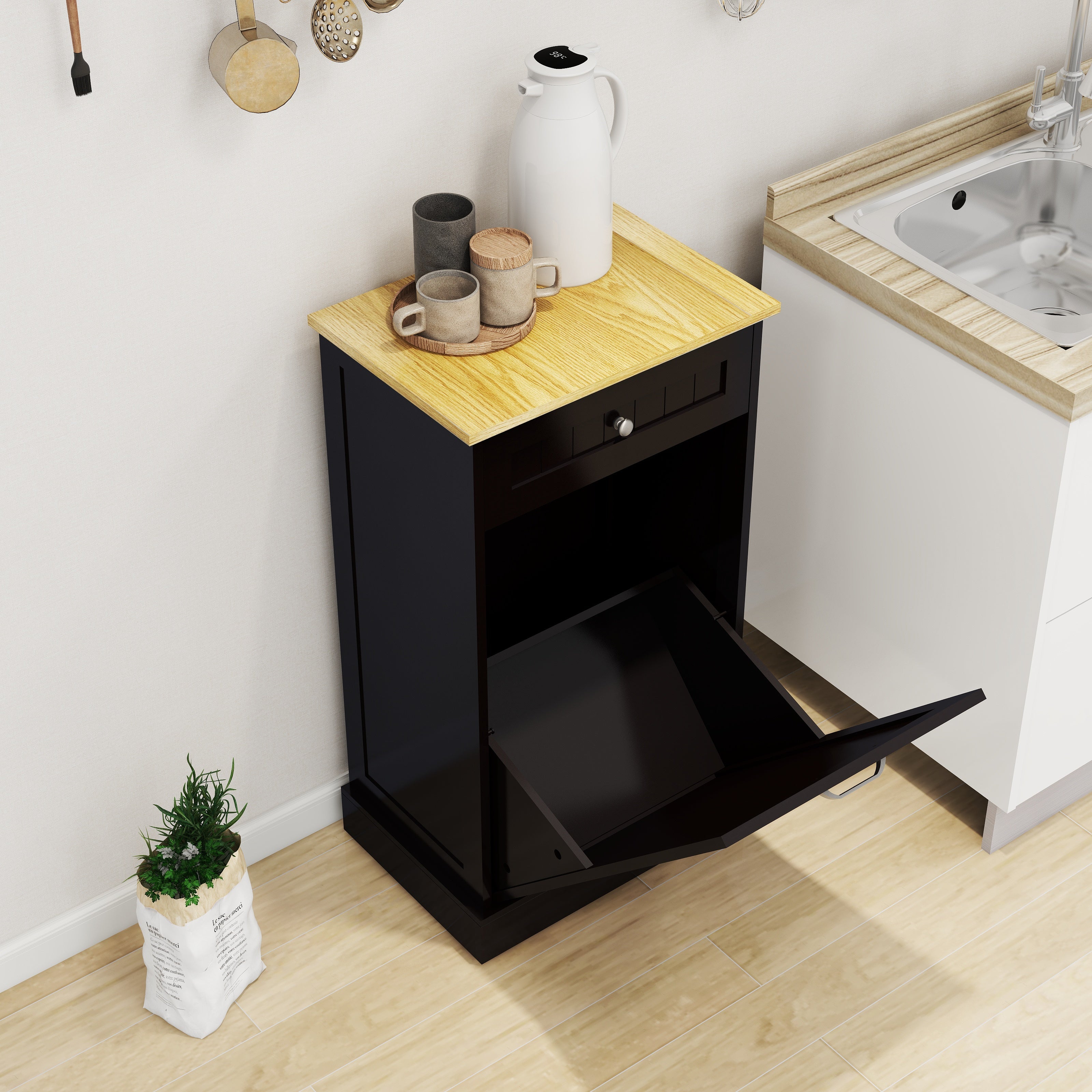 Logidon kitchen waste cabinet with drawer and tilting drawer black