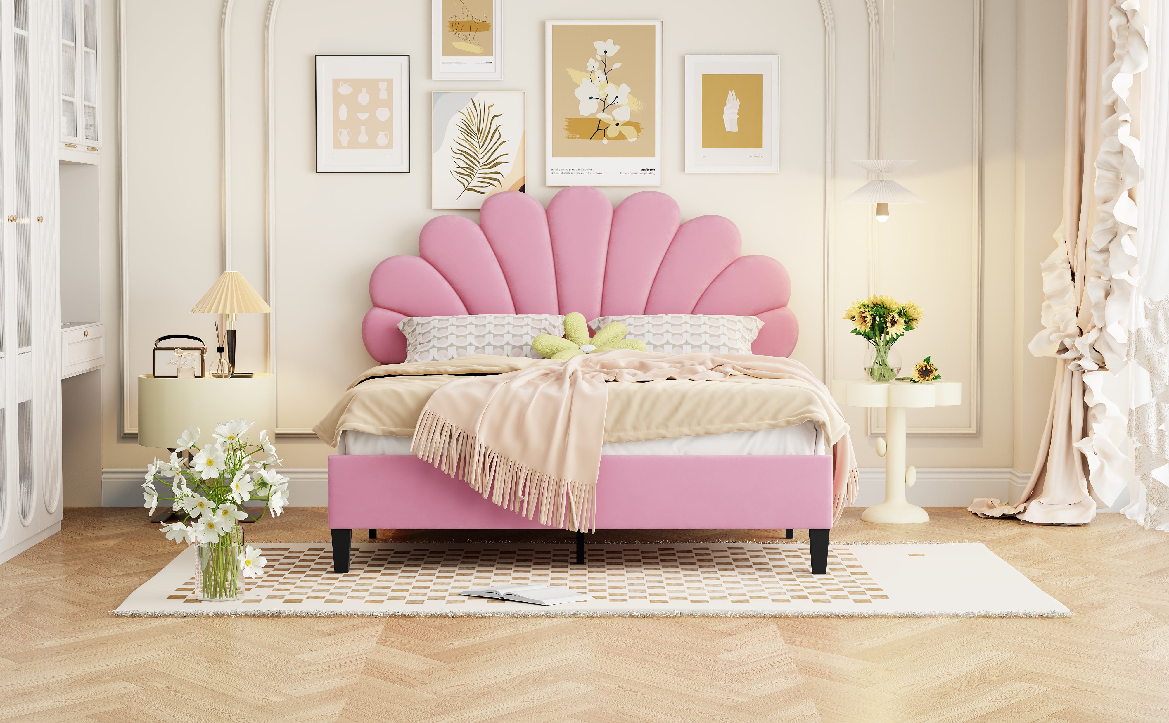 Logidon gestoffeerd bed 140x200 roze fluweel met bloemvormig hoofdeinde