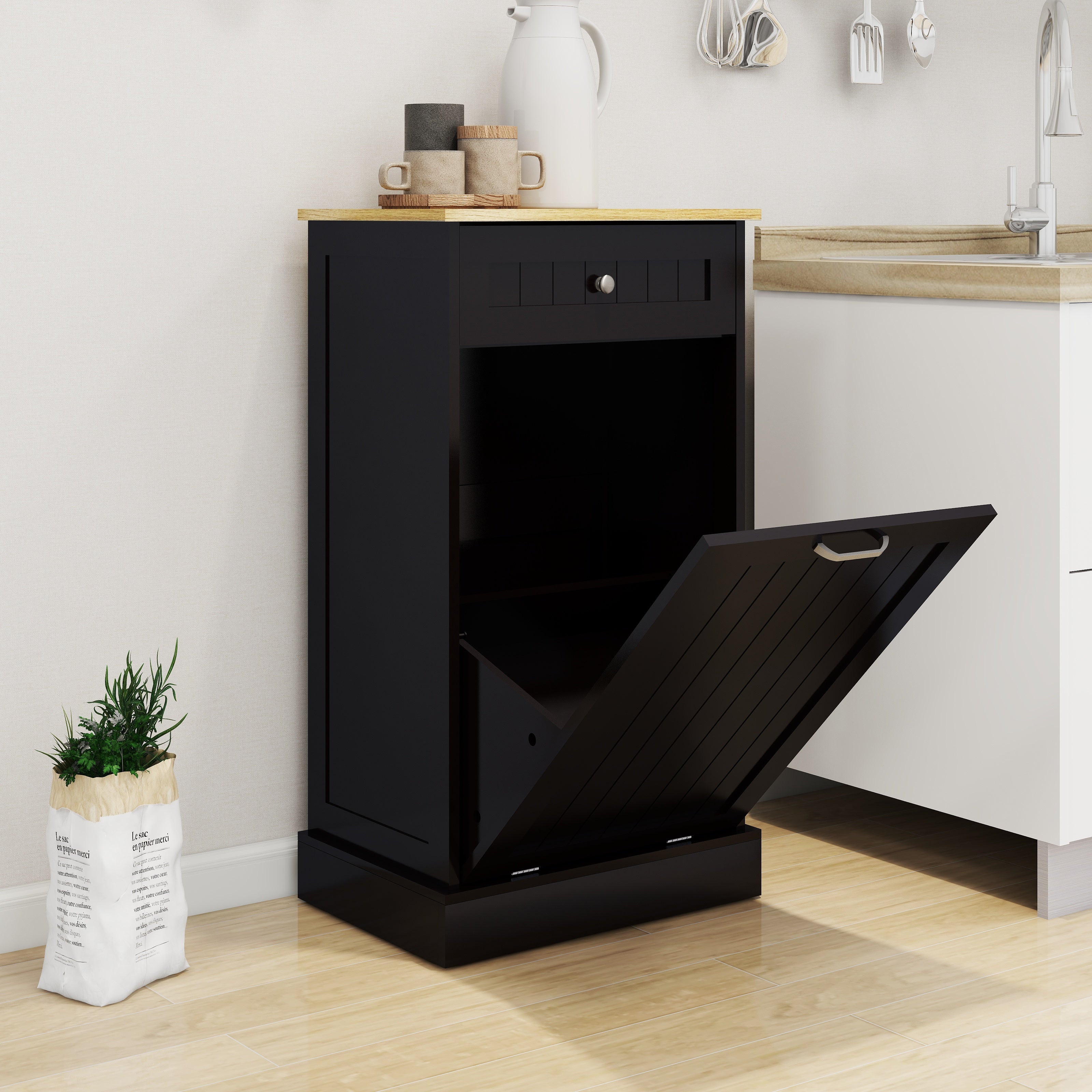 Logidon kitchen waste cabinet with drawer and tilting drawer black