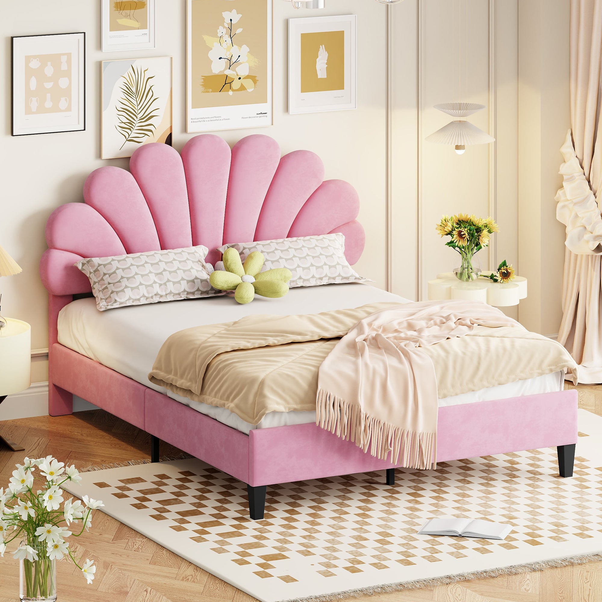 Logidon gestoffeerd bed 140x200 roze fluweel met bloemvormig hoofdeinde