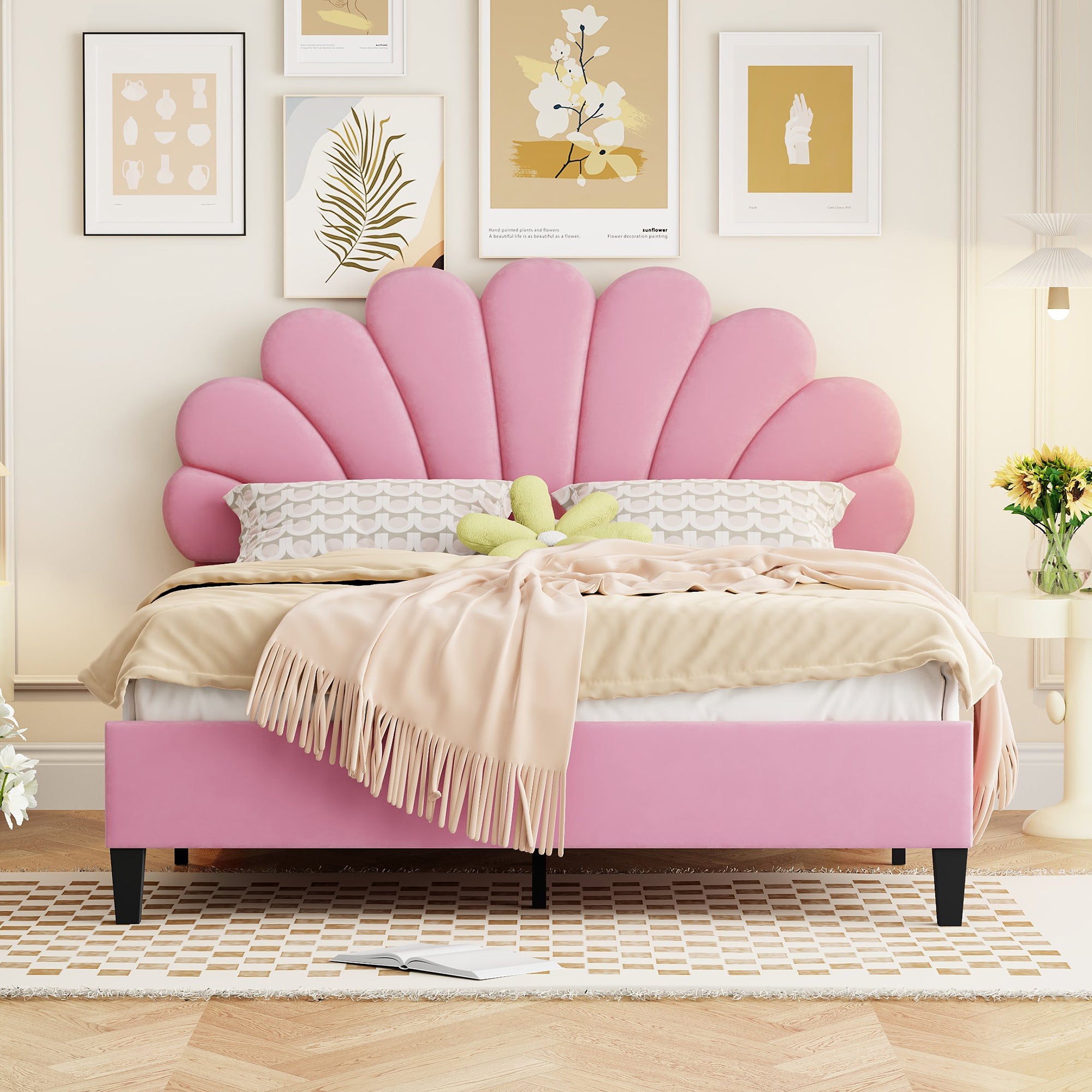 Logidon gestoffeerd bed 140x200 roze fluweel met bloemvormig hoofdeinde