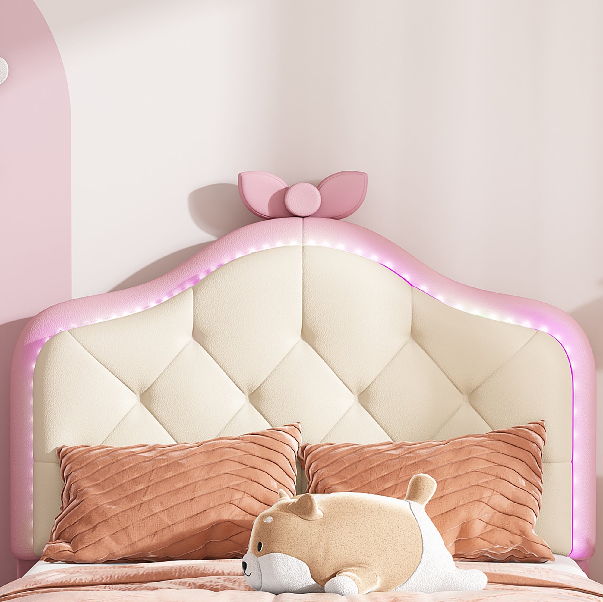 Logidon upholstered bed 90x200 cm pink white with LED strips
