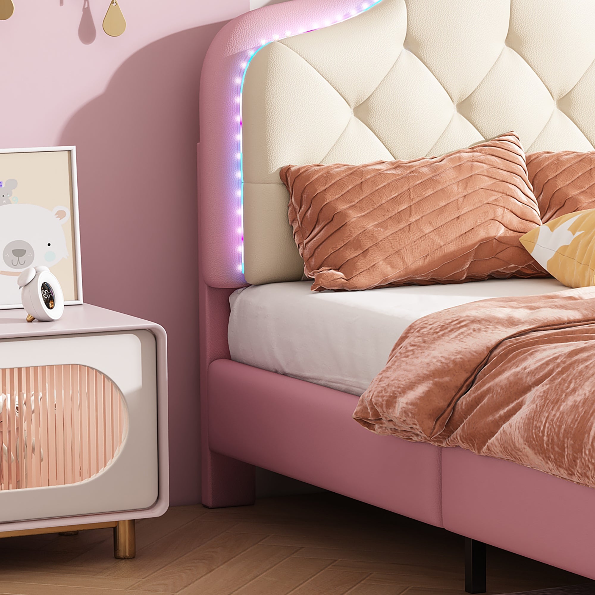 Logidon upholstered bed 90x200 cm pink white with LED strips
