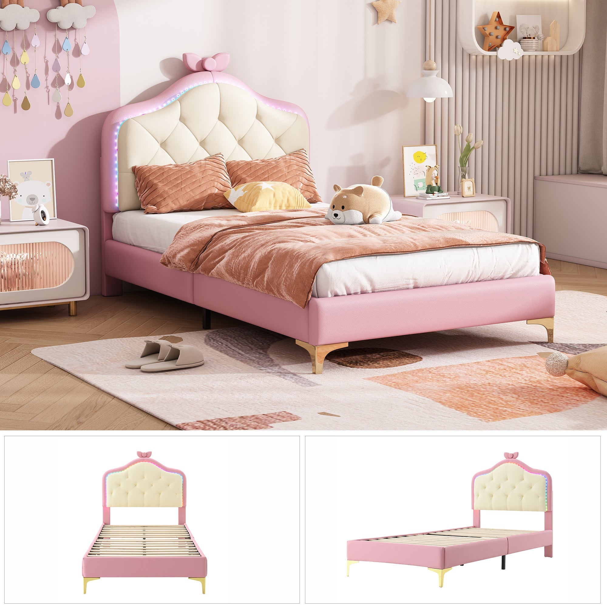 Logidon upholstered bed 90x200 cm pink white with LED strips