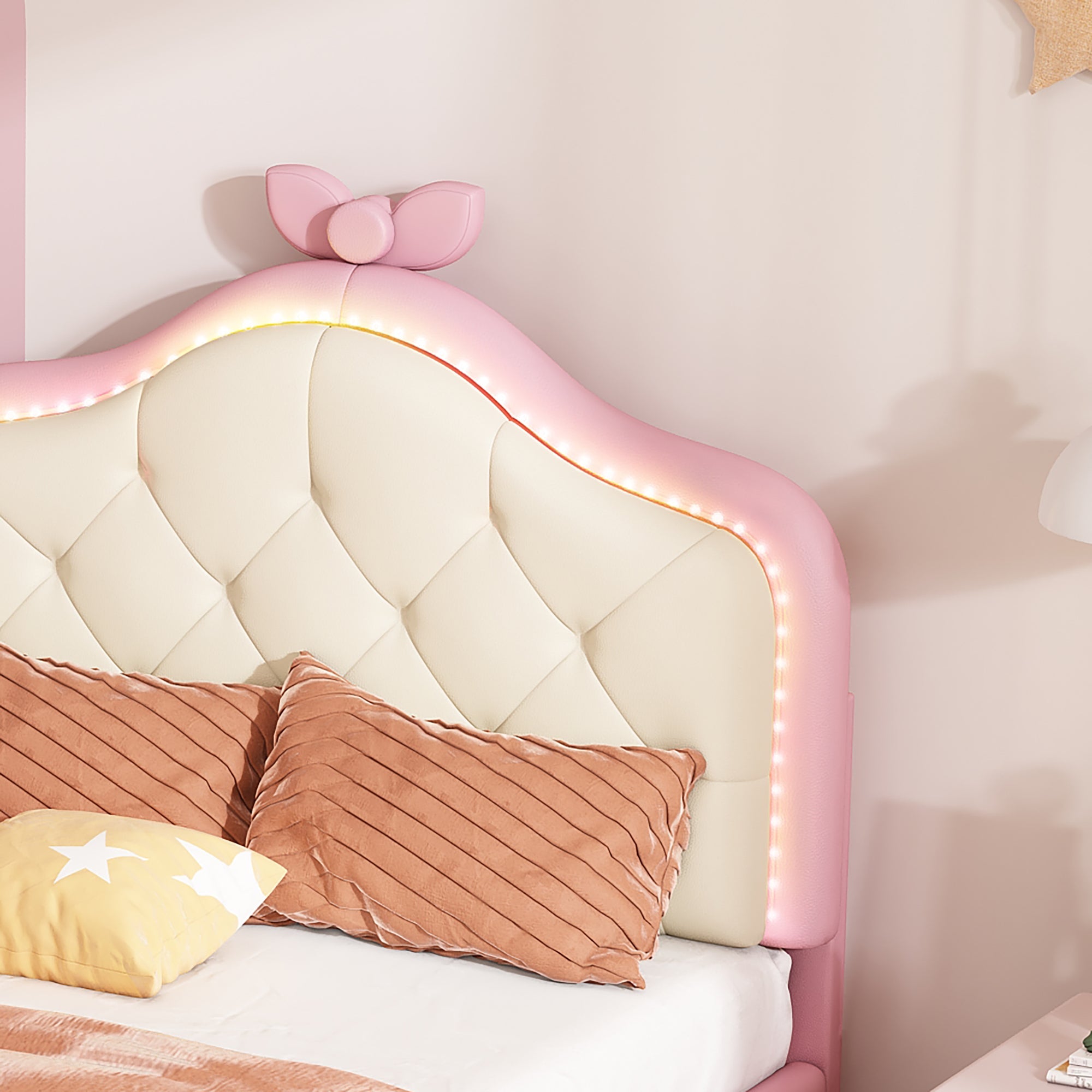 Logidon upholstered bed 90x200 cm pink white with LED strips