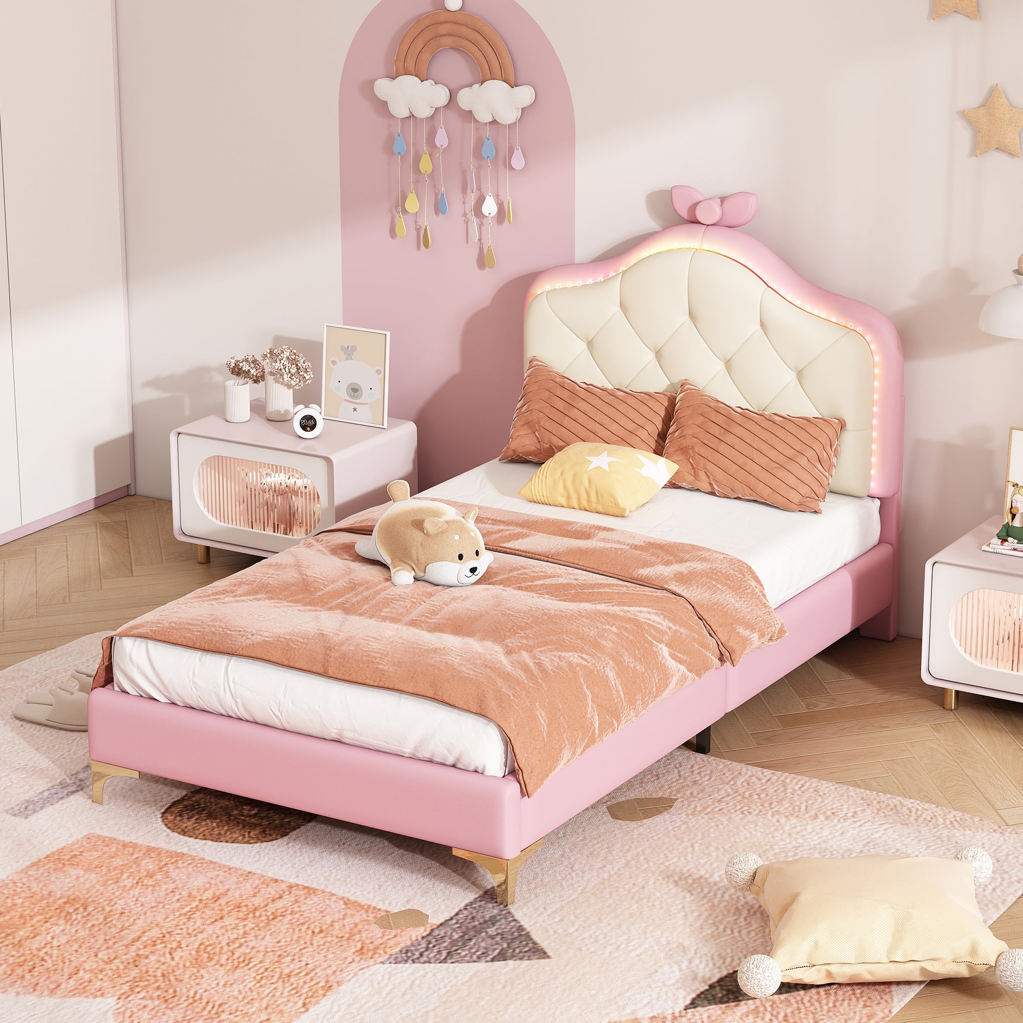 Logidon upholstered bed 90x200 cm pink white with LED strips