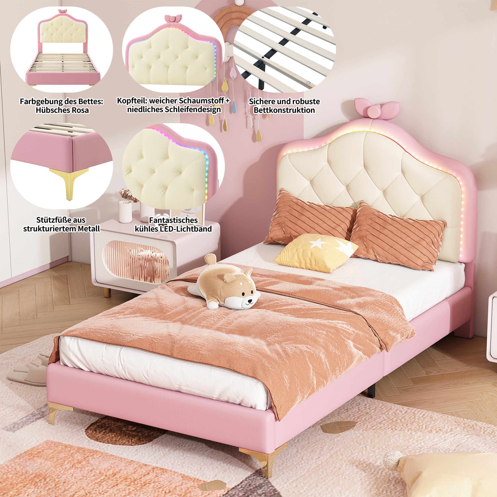 Logidon upholstered bed 90x200 cm pink white with LED strips