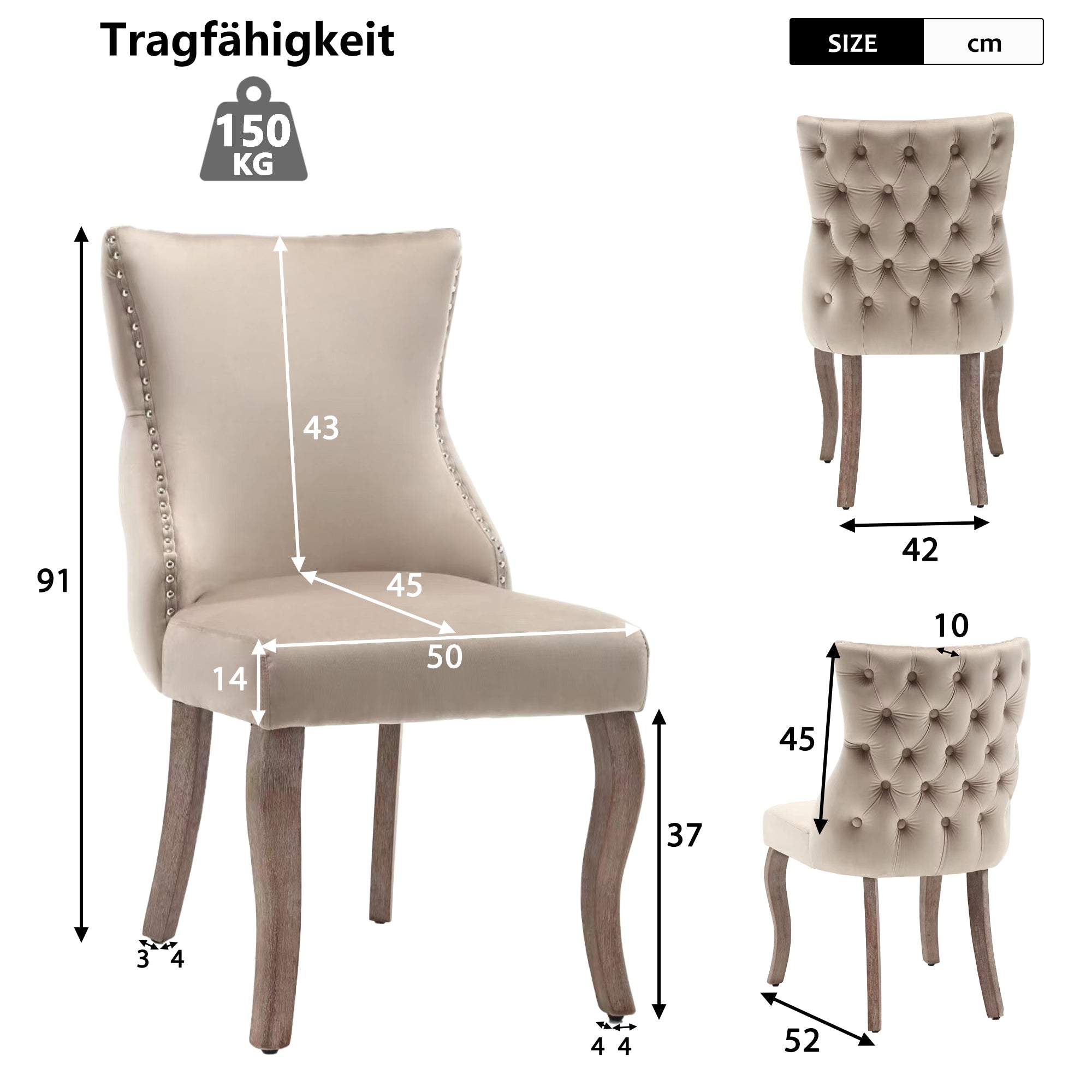 Logidon Dining Chair Beige Velvet Set of 6 Button Quilting