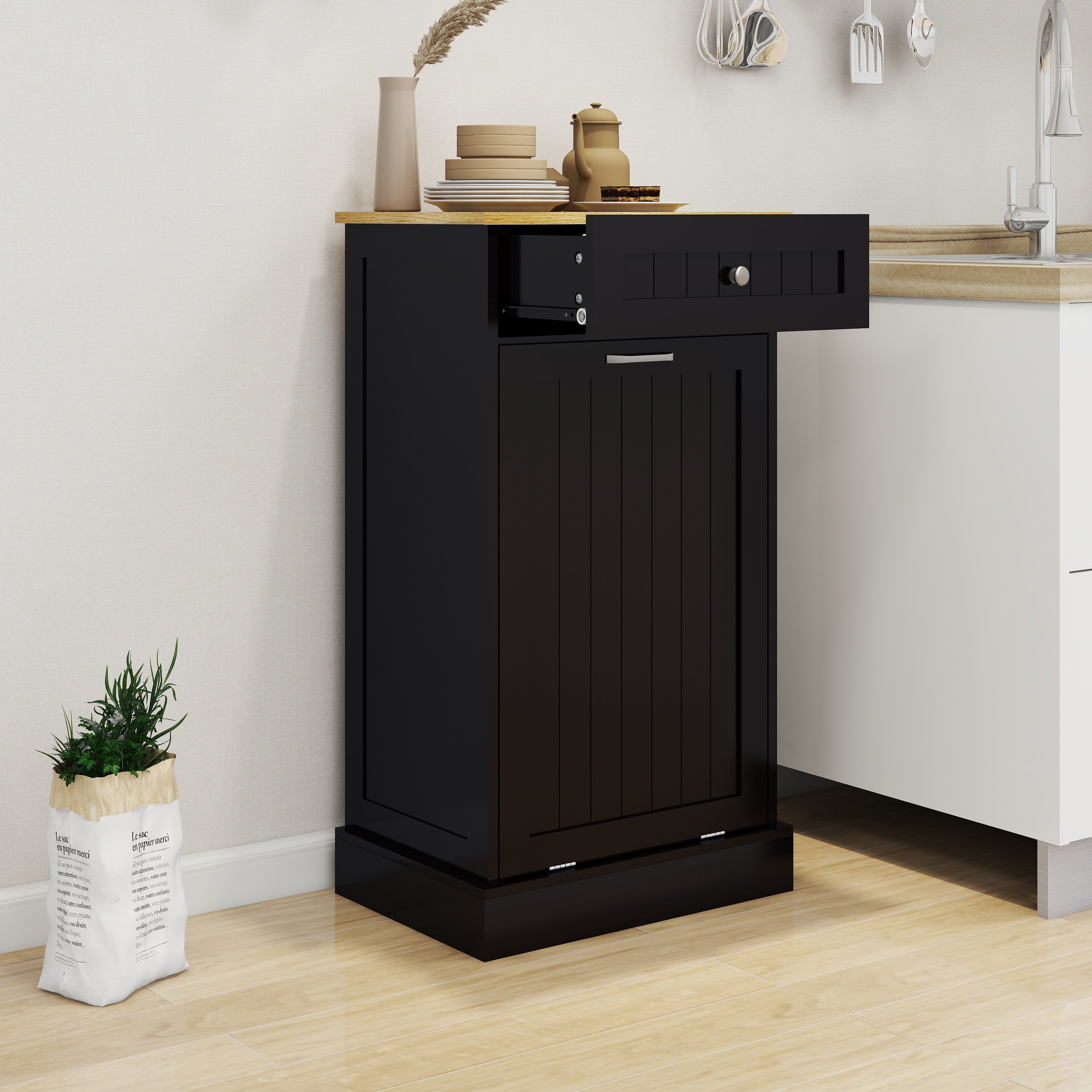 Logidon kitchen waste cabinet with drawer and tilting drawer black