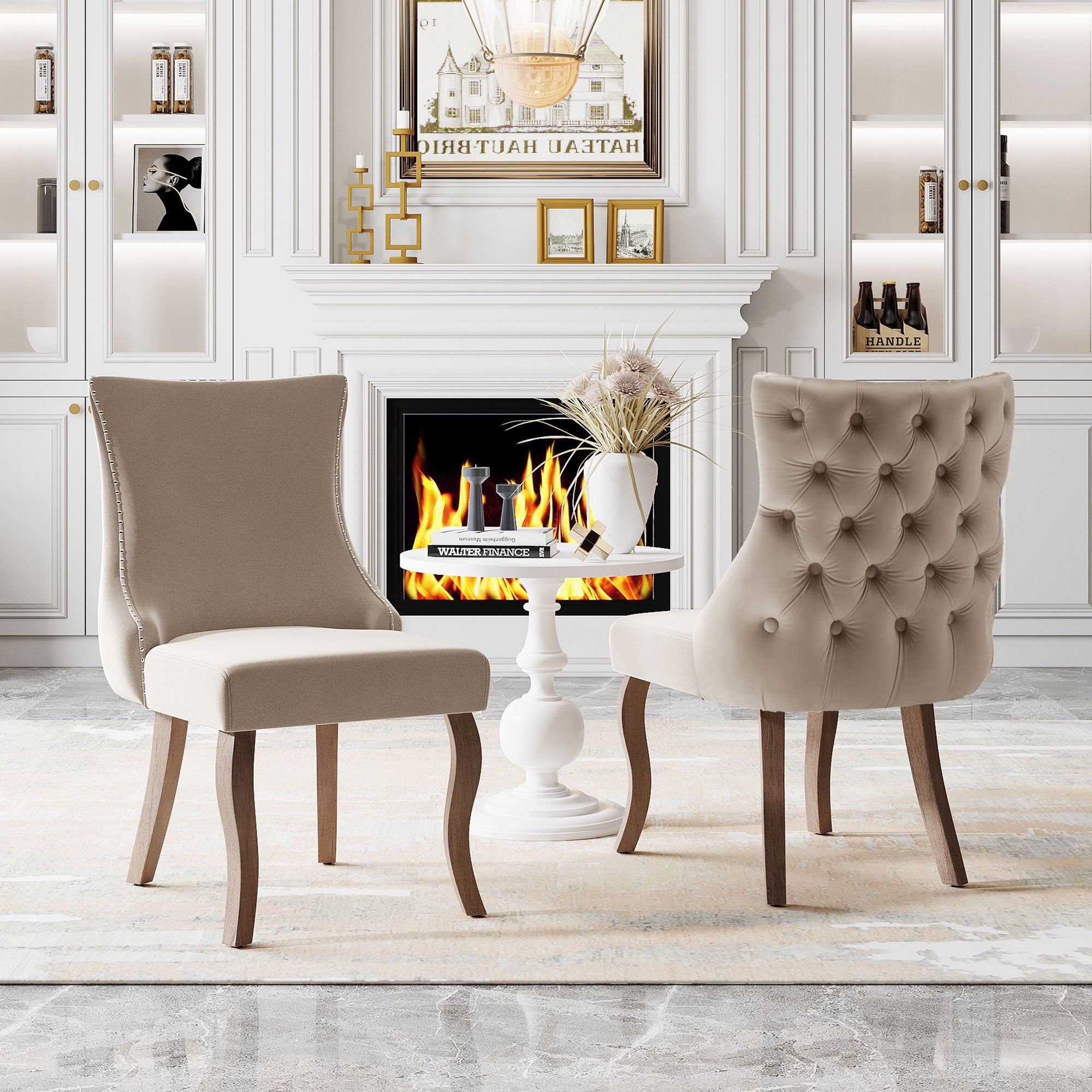 Logidon dining room chair beige velor button quilting nail head trim set of 2