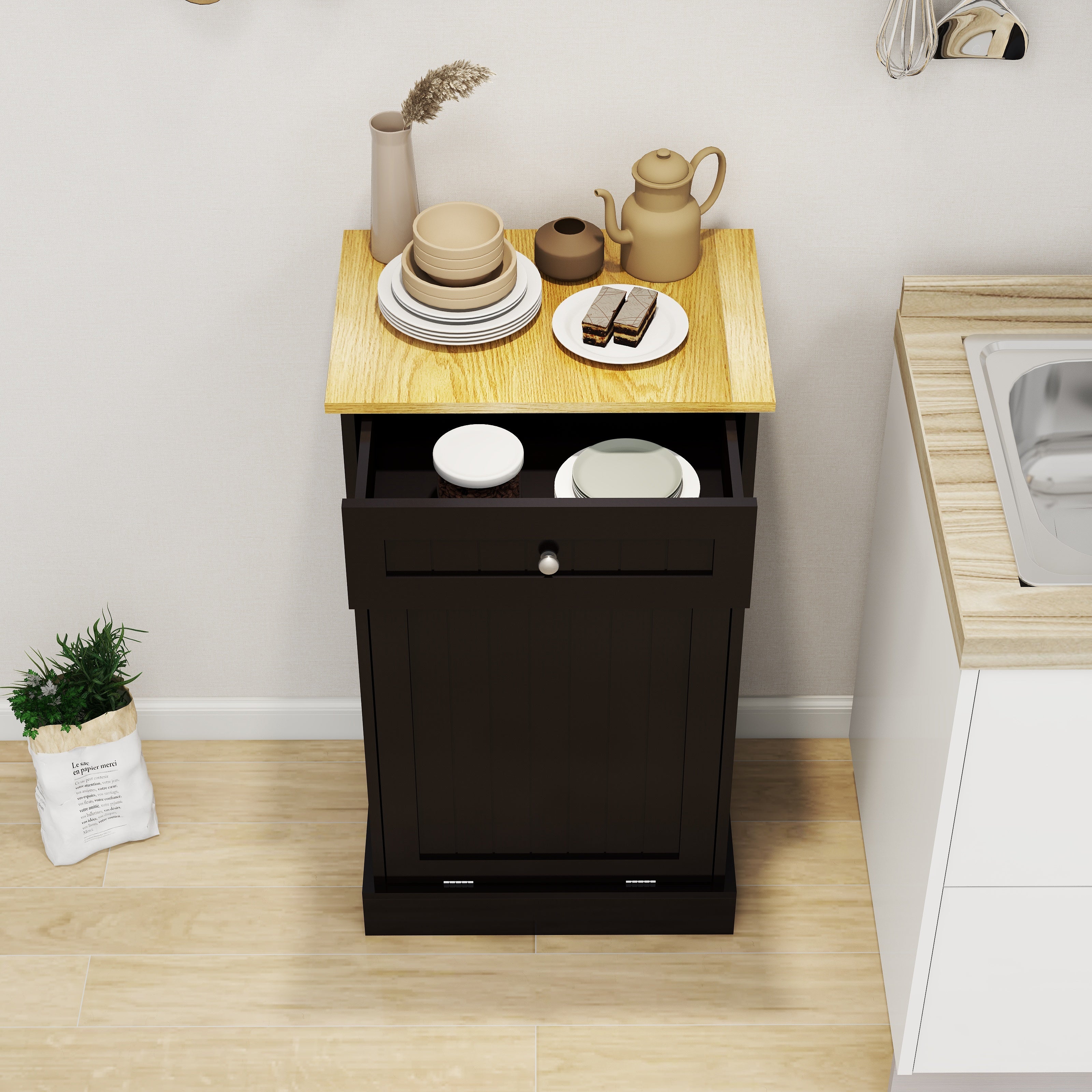Logidon kitchen waste cabinet with drawer and tilting drawer black