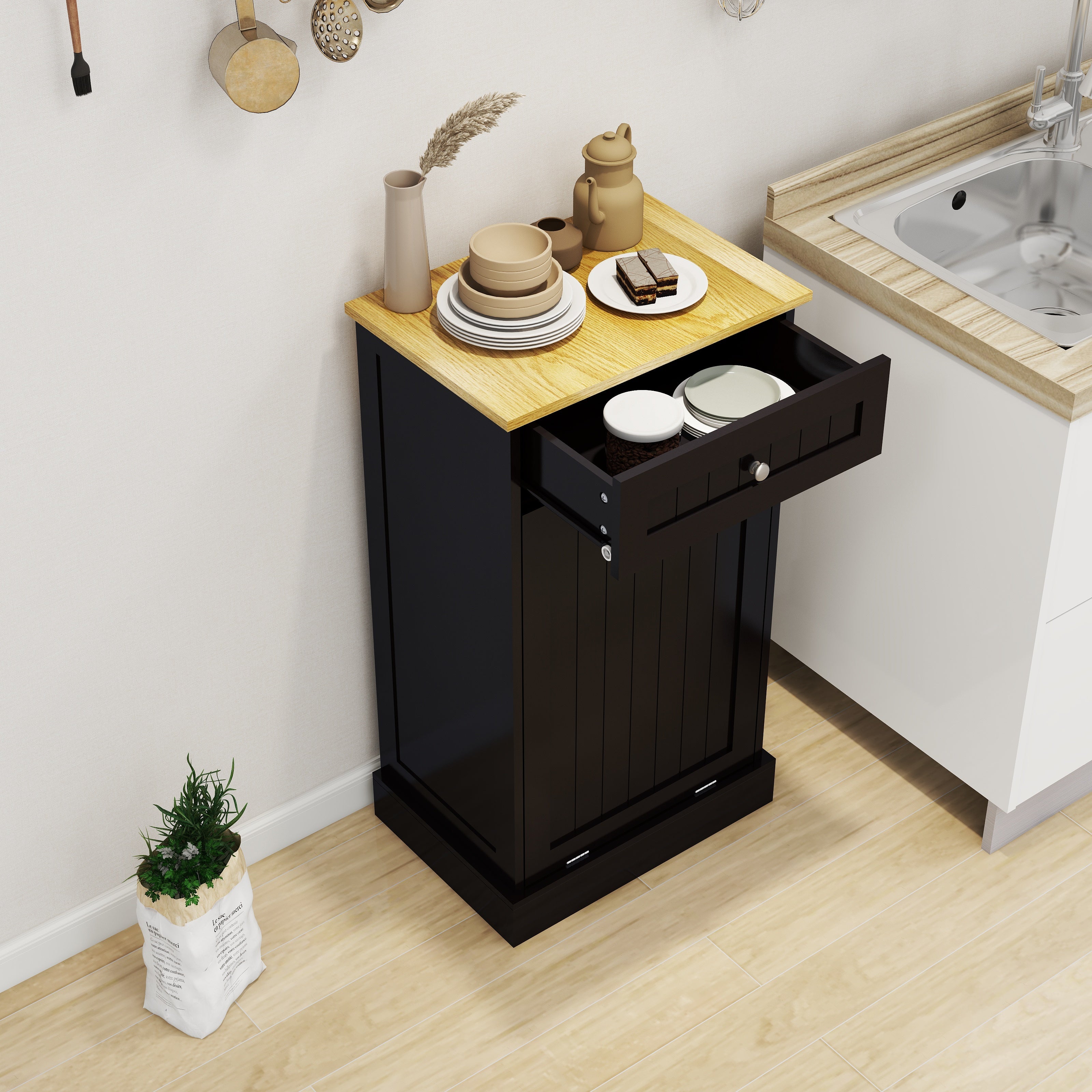 Logidon kitchen waste cabinet with drawer and tilting drawer black