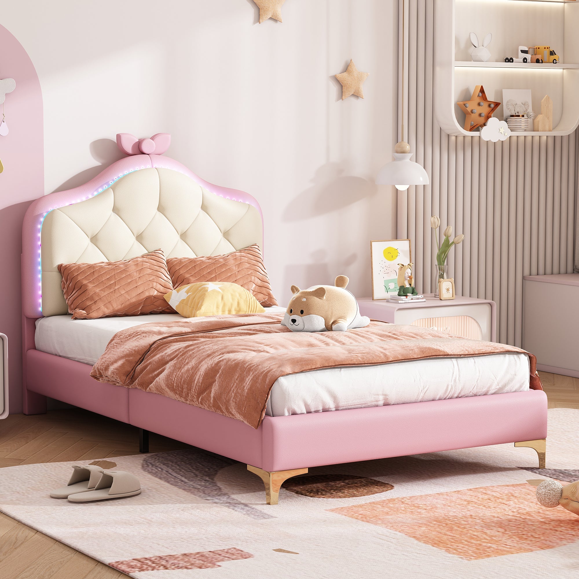 Logidon upholstered bed 90x200 cm pink white with LED strips