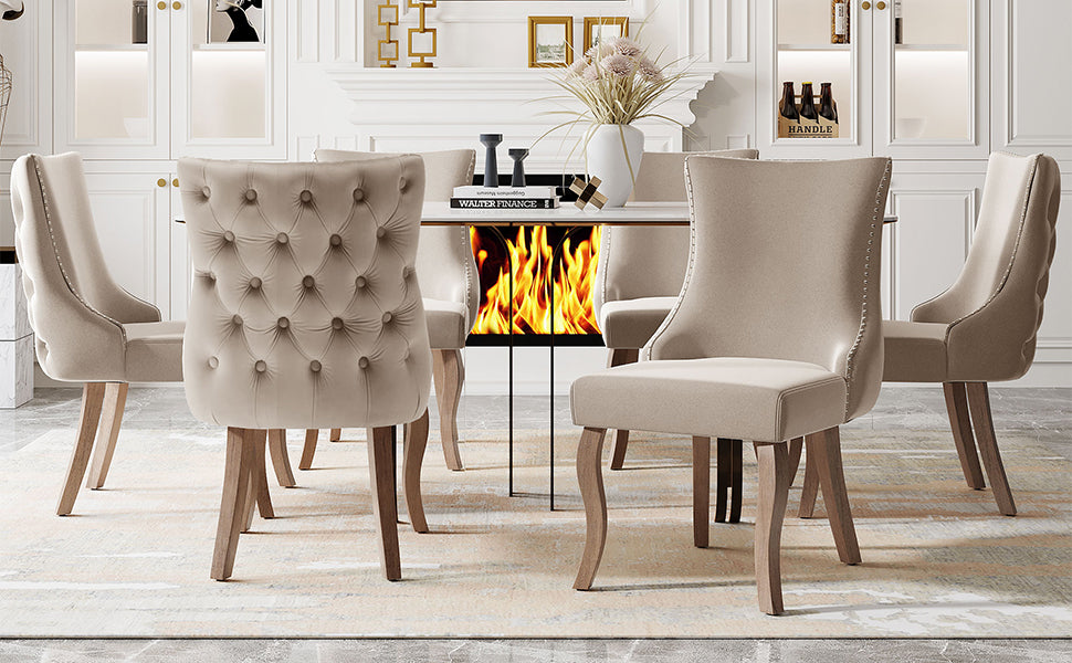 Logidon Dining Chair Beige Velvet Set of 6 Button Quilting