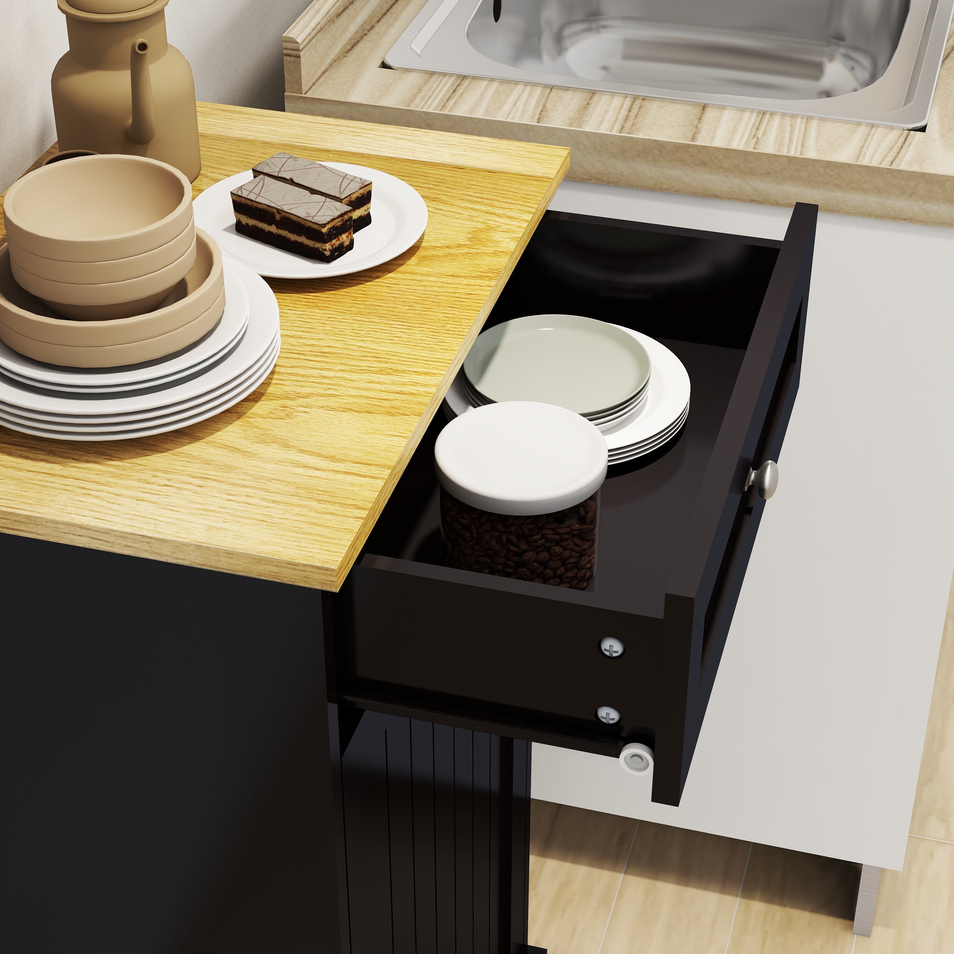 Logidon kitchen waste cabinet with drawer and tilting drawer black