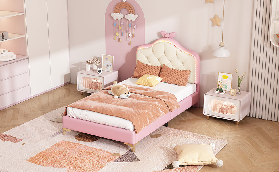 Logidon upholstered bed 90x200 cm pink white with LED strips