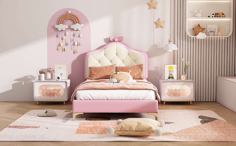 Logidon upholstered bed 90x200 cm pink white with LED strips