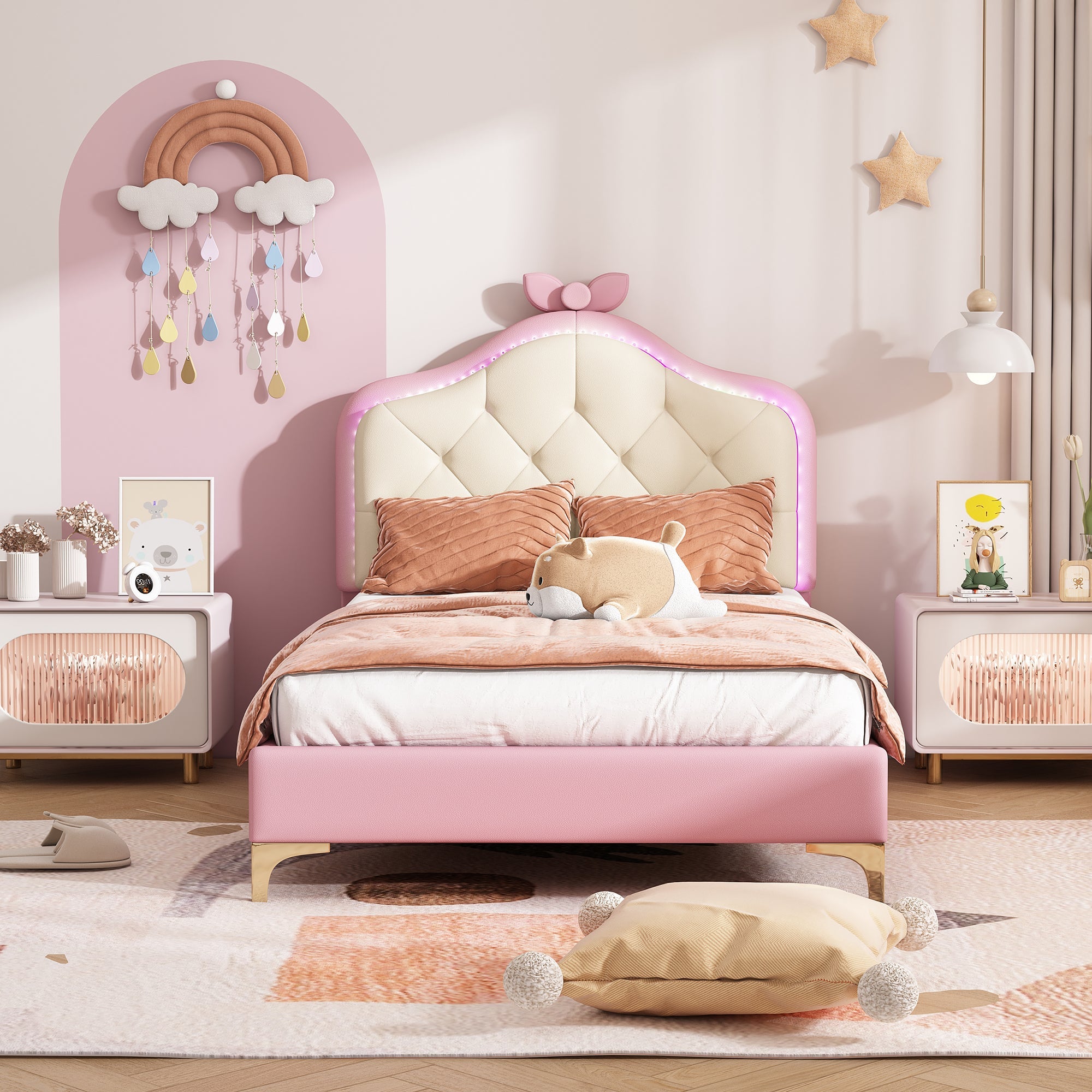 Logidon upholstered bed 90x200 cm pink white with LED strips