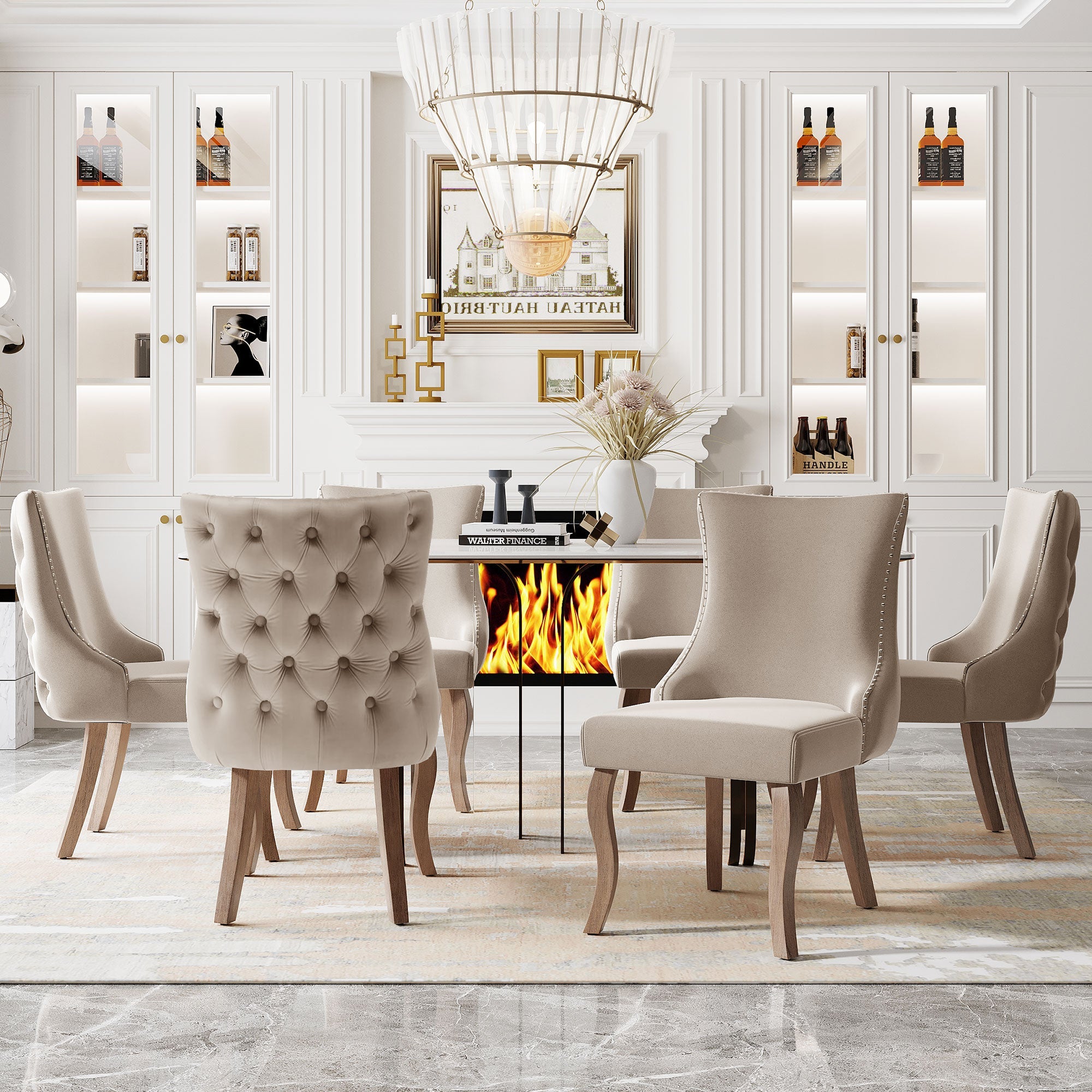 Logidon Dining Chair Beige Velvet Set of 6 Button Quilting