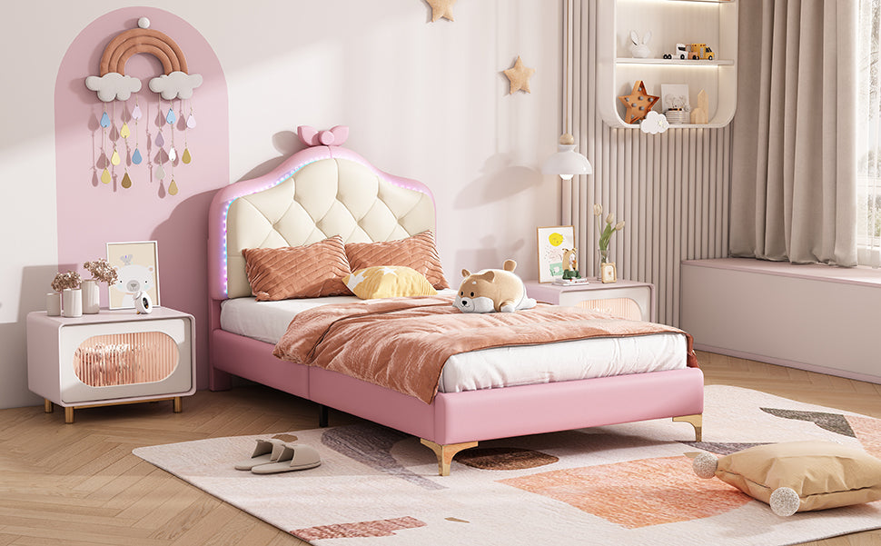 Logidon upholstered bed 90x200 cm pink white with LED strips
