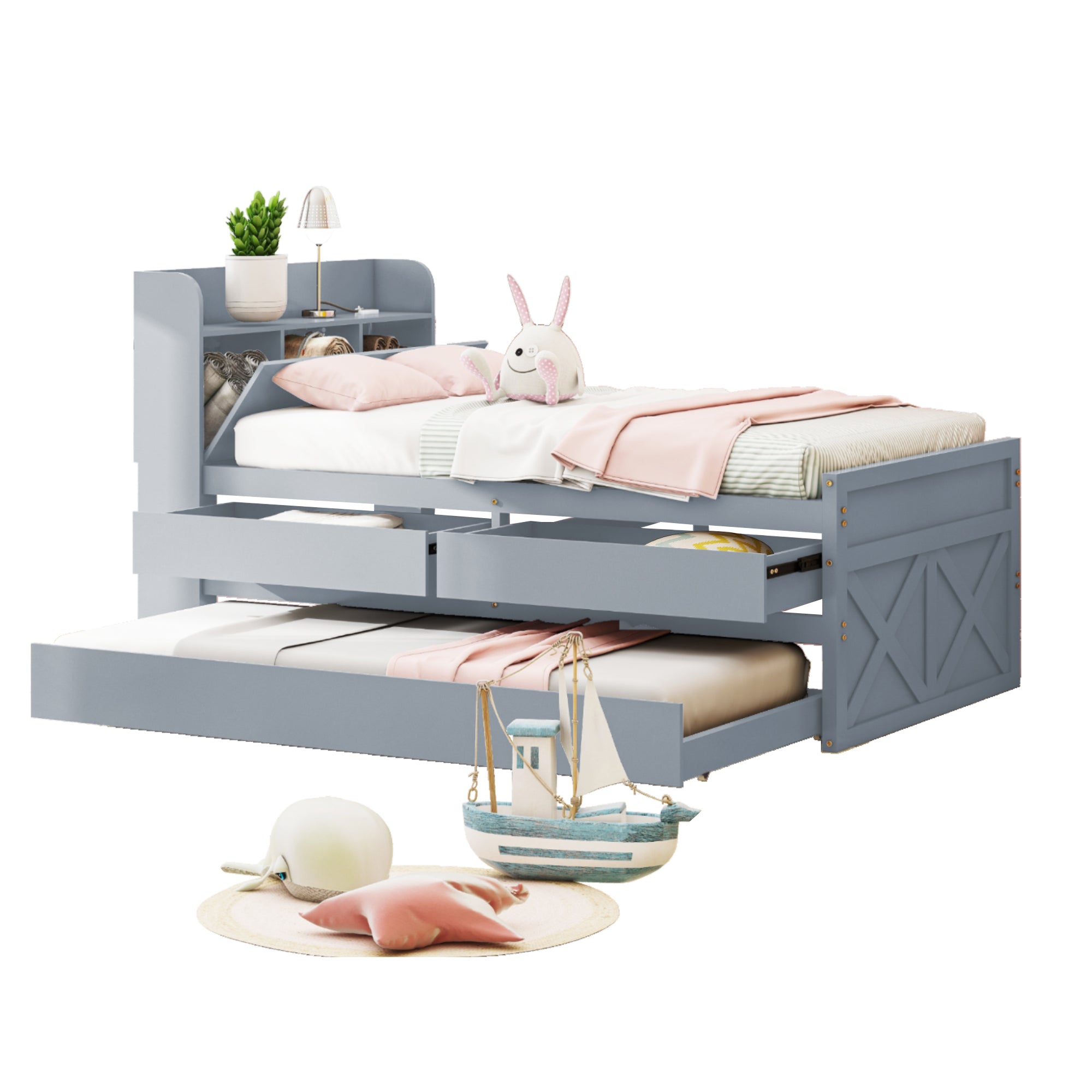 Logidon single bed solid wood gray 90x190 with pull-out drawer