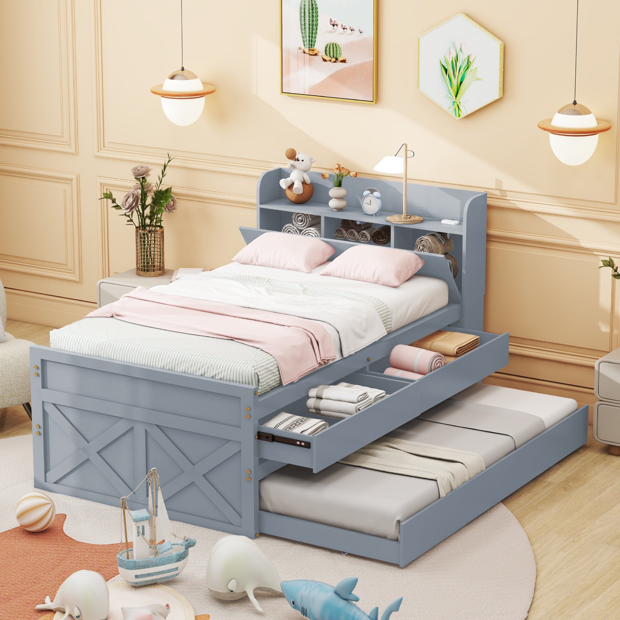 Logidon single bed solid wood gray 90x190 with pull-out drawer