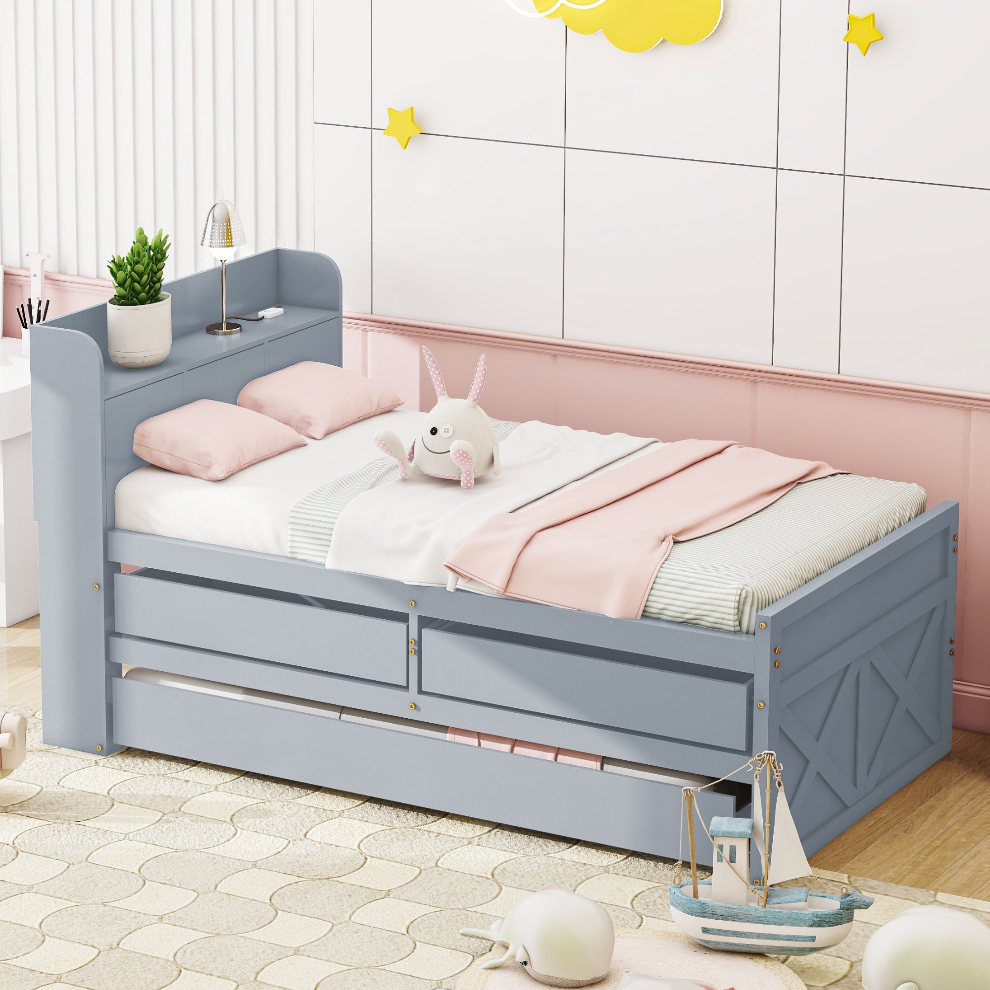 Logidon single bed solid wood gray 90x190 with pull-out drawer