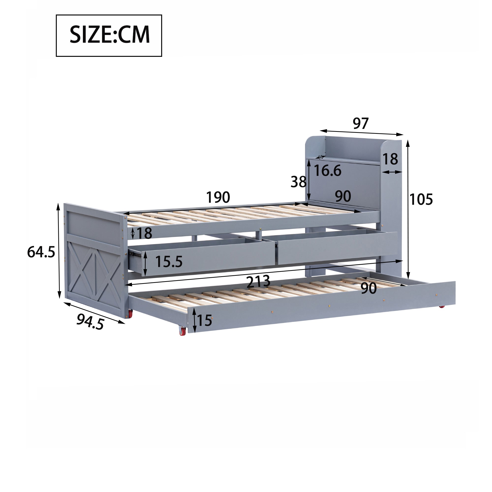 Logidon eenpersoonsbed massief hout grijs 90x190 met uittrekbare lade
