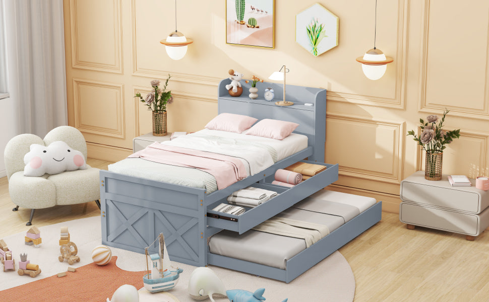 Logidon single bed solid wood gray 90x190 with pull-out drawer