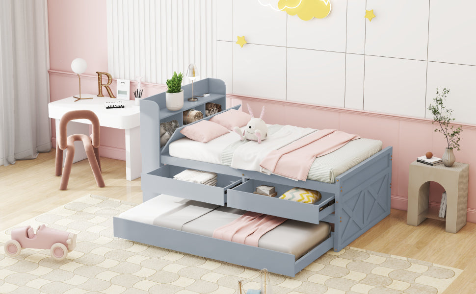 Logidon single bed solid wood gray 90x190 with pull-out drawer
