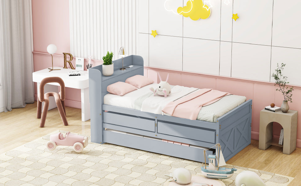 Logidon single bed solid wood gray 90x190 with pull-out drawer