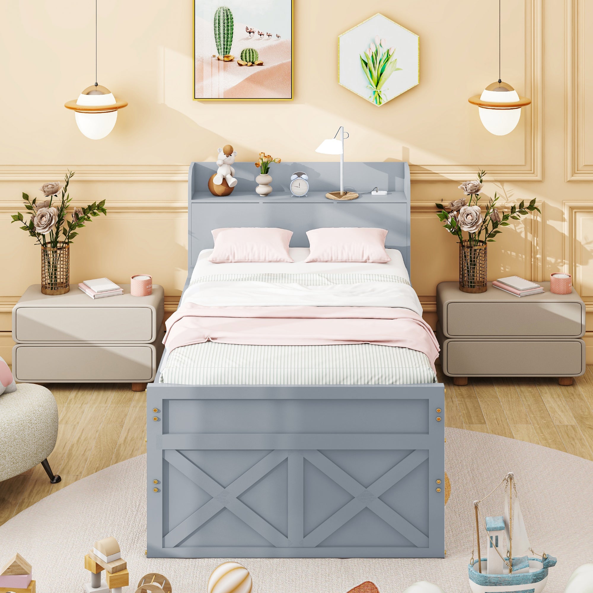 Logidon single bed solid wood gray 90x190 with pull-out drawer