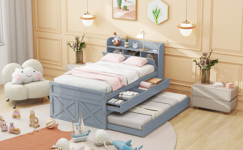 Logidon single bed solid wood gray 90x190 with pull-out drawer
