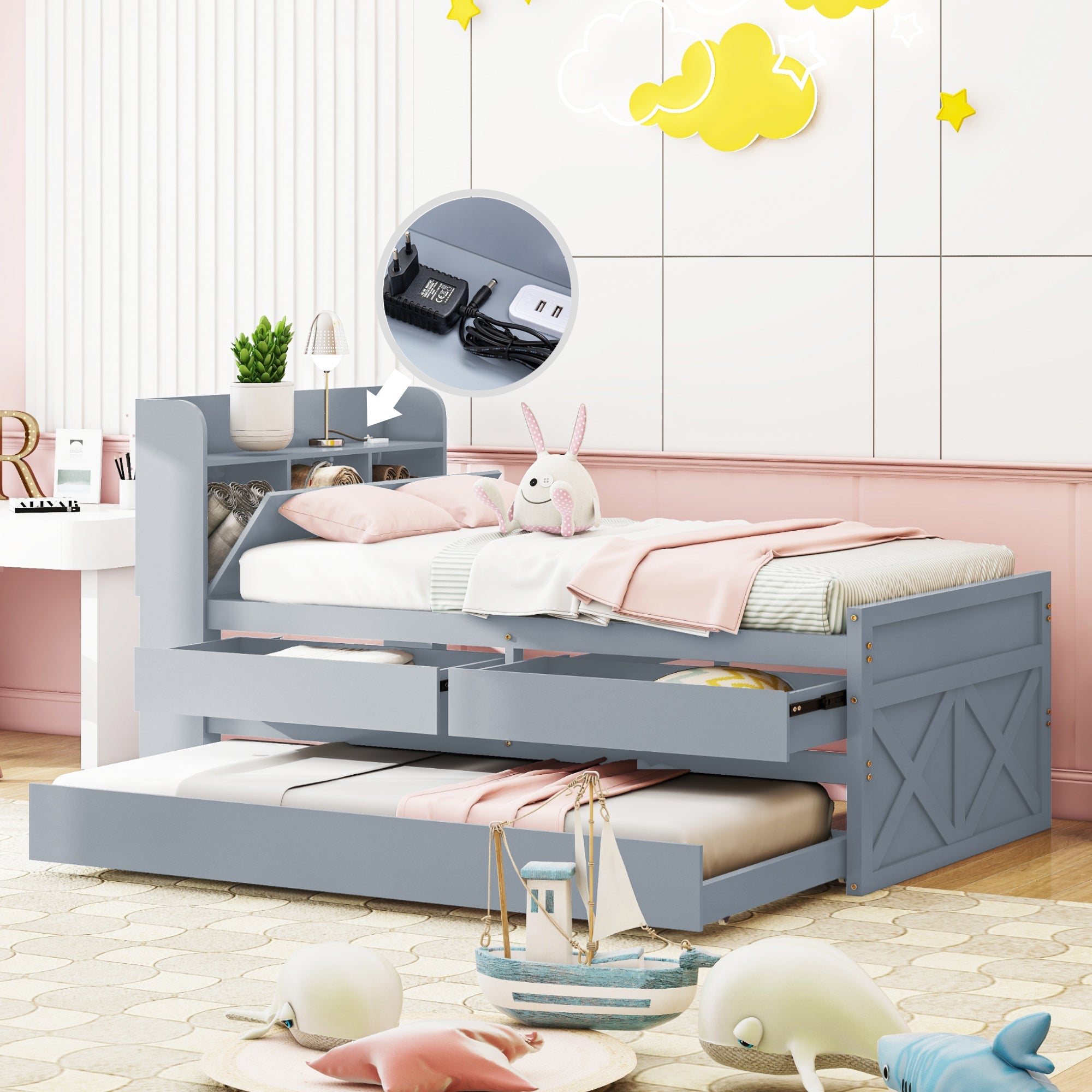 Logidon single bed solid wood gray 90x190 with pull-out drawer