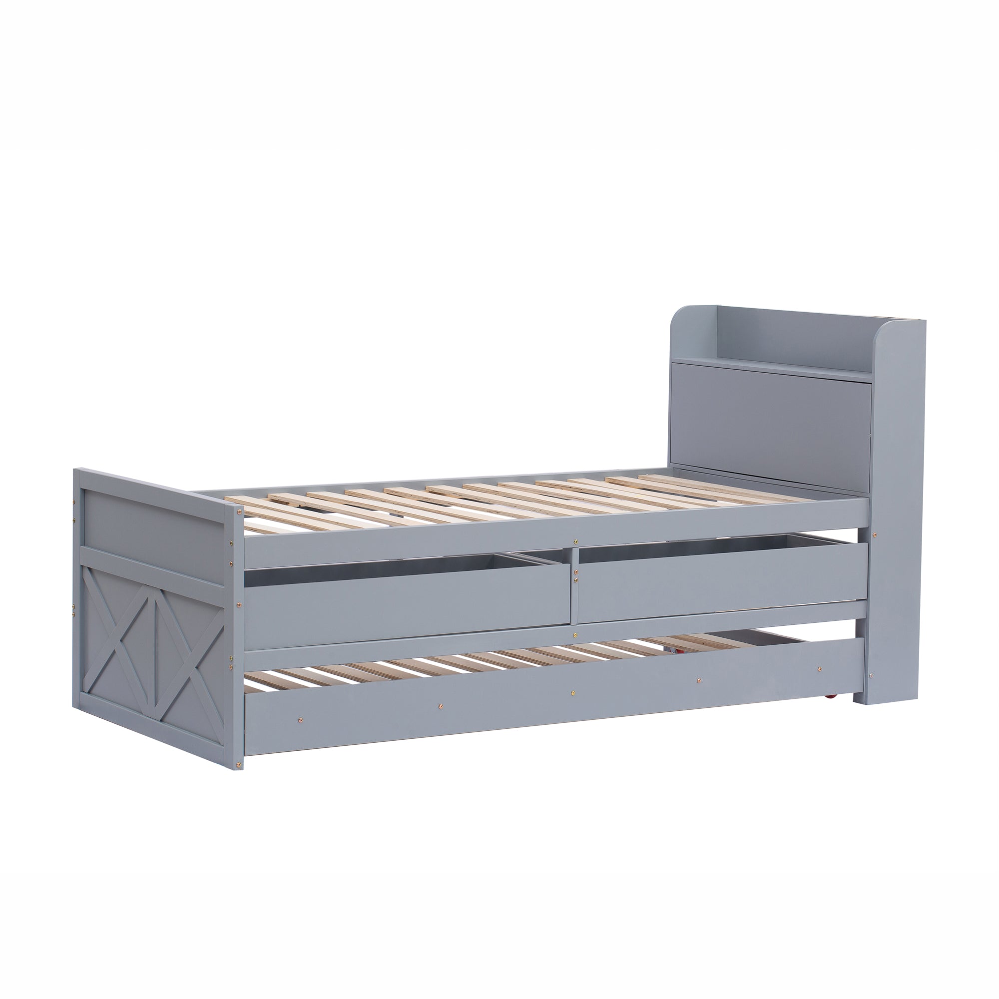 Logidon single bed solid wood gray 90x190 with pull-out drawer